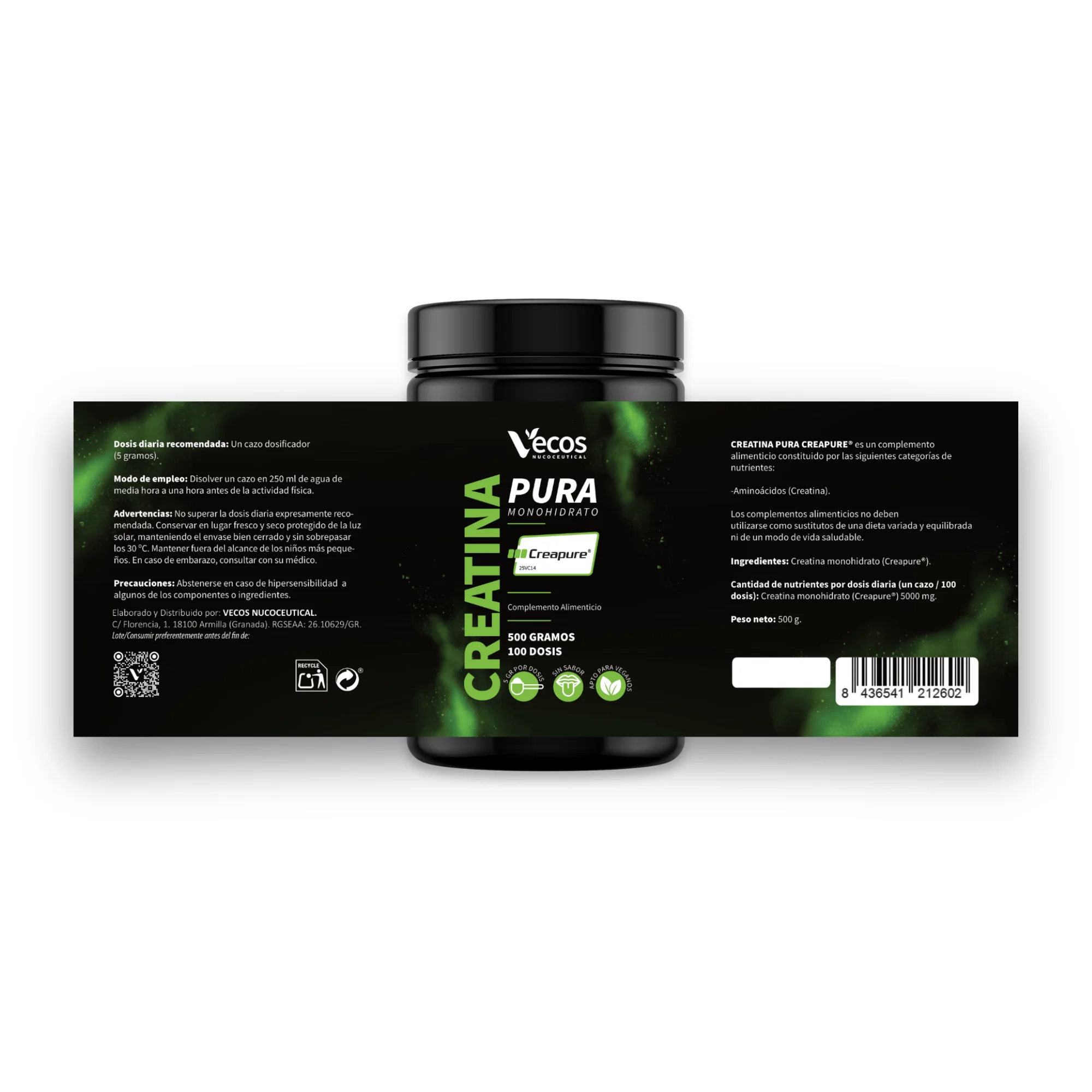 Creatina Monohidrato Creapure® Vecos 500 G | Fuerza, Potencia Y Rendimiento | 5000 Mg De Alta Pureza Por Dosis - Image 5