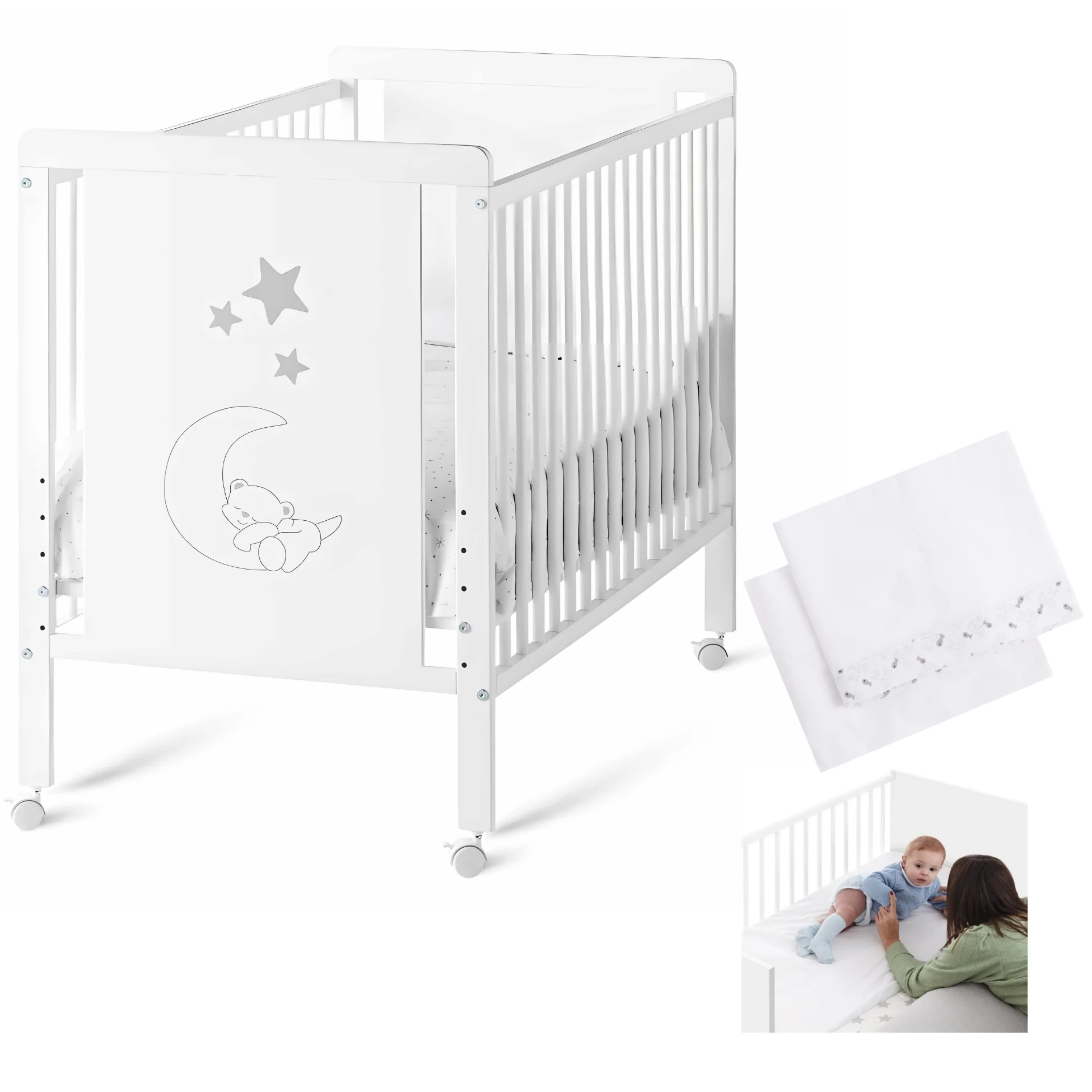 Cuna Colecho De Bebé Indi Estilo Nórdico Infantil 120x60 Cm, Con Kit Colecho, Bajera Y Encimera 100% Algodón