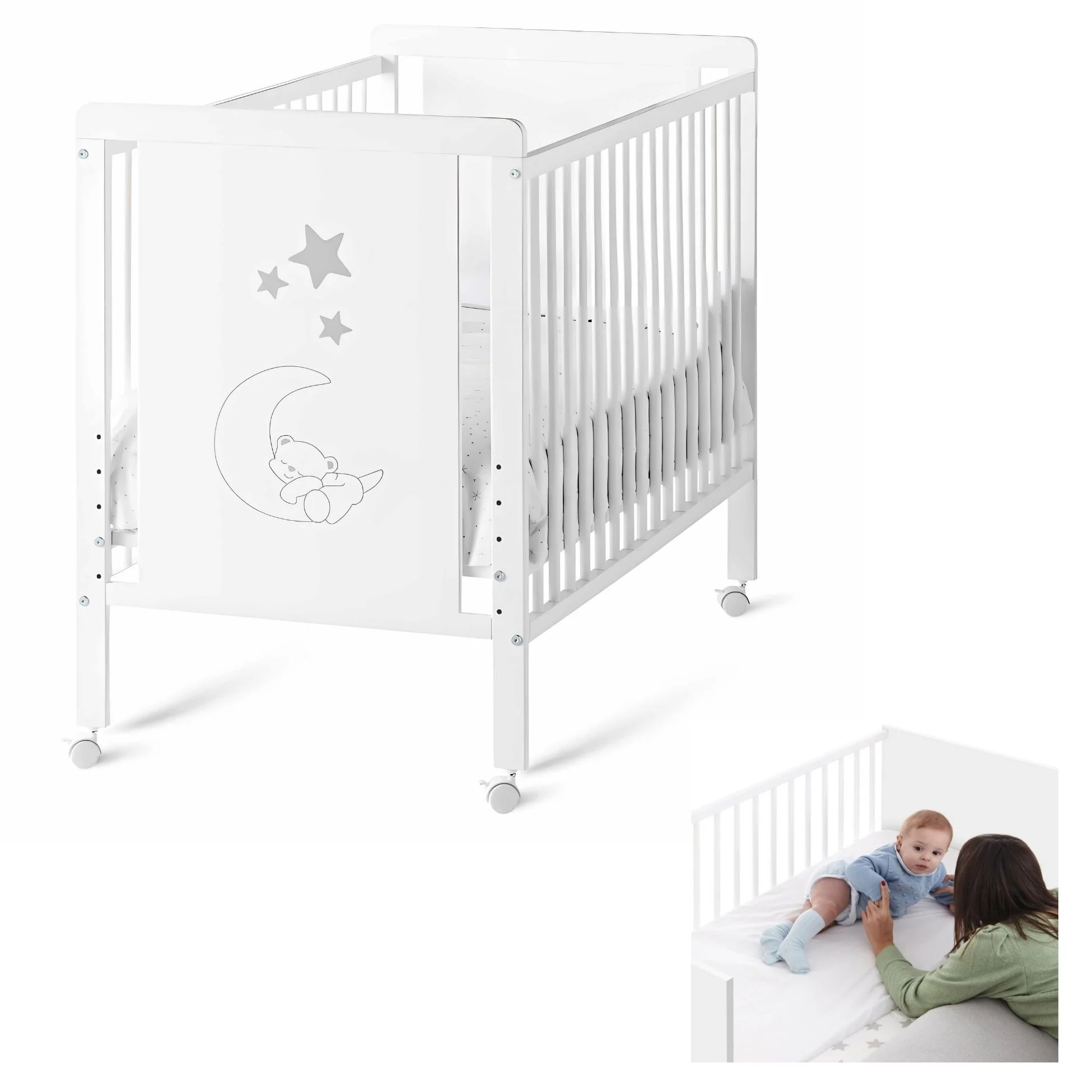 Cuna Colecho De Bebé Indi Estilo Nórdico Infantil 120x60 Cm, De Madera De Haya, Con Kit Colecho Incluido