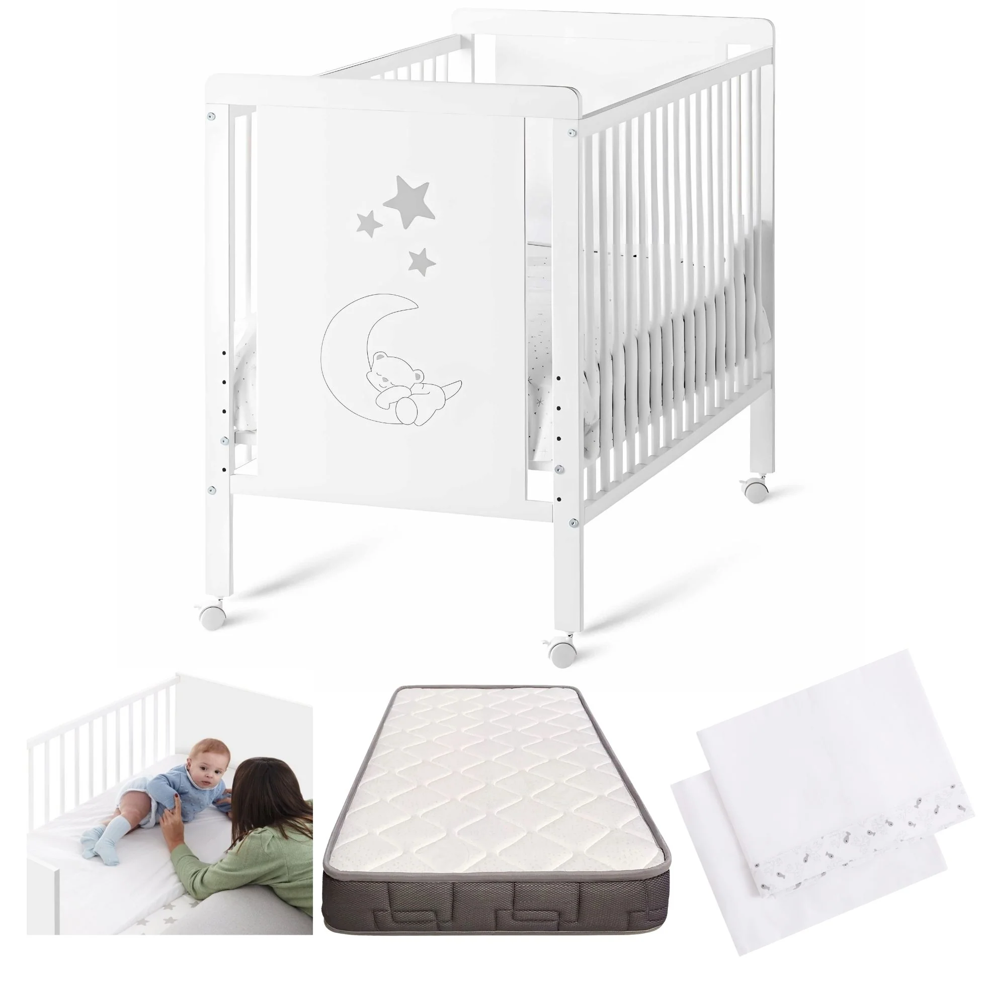 Cuna Colecho De Bebé Indi Estilo Nórdico Infantil 120x60cm Con Colecho, Colchón Morfeo, 4 Ruedas Y Sábanas De Algodón