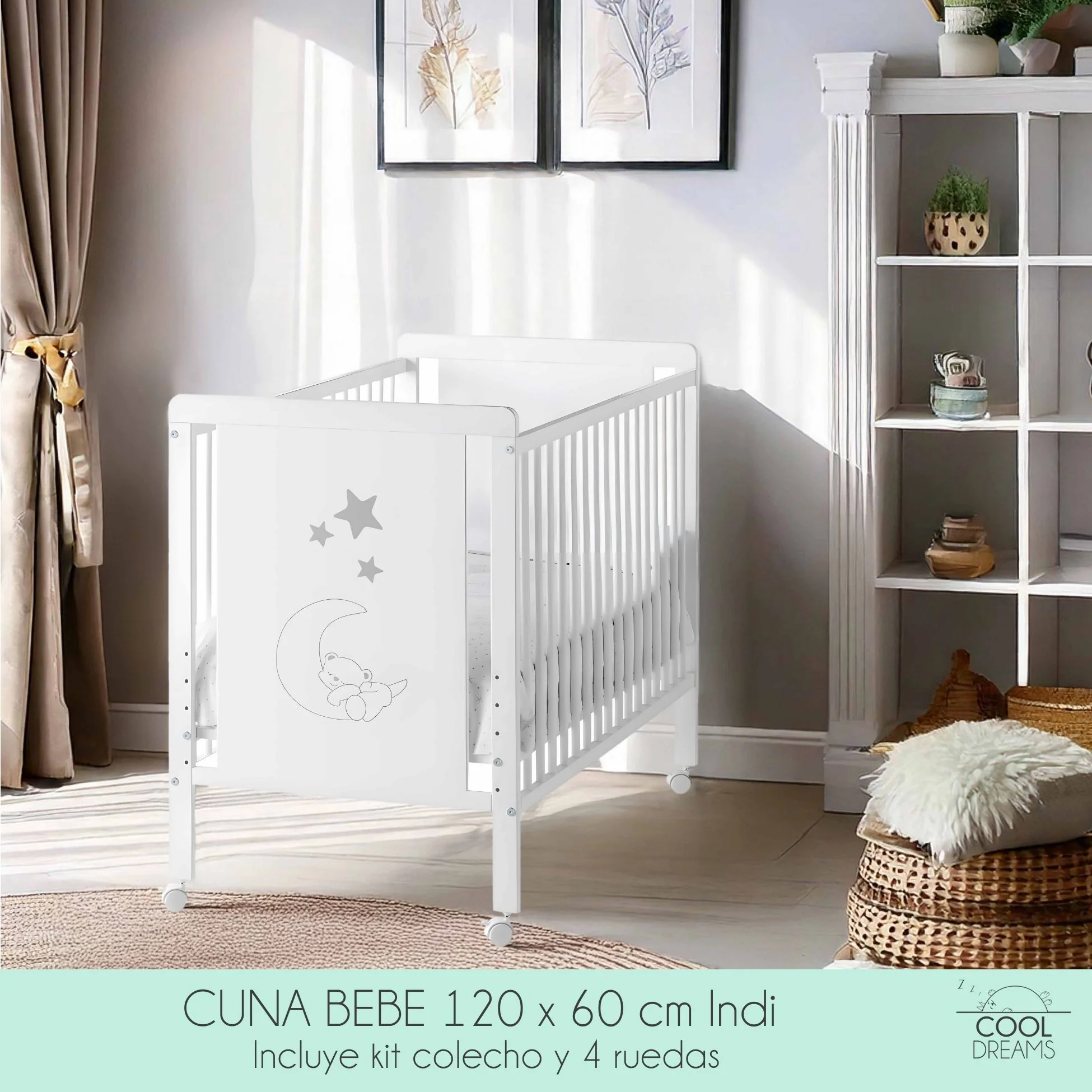 Cuna Colecho De Bebé Indi Estilo Nórdico Infantil 120x60cm Con Colecho, Colchón Morfeo, 4 Ruedas Y Sábanas De Algodón - Image 4