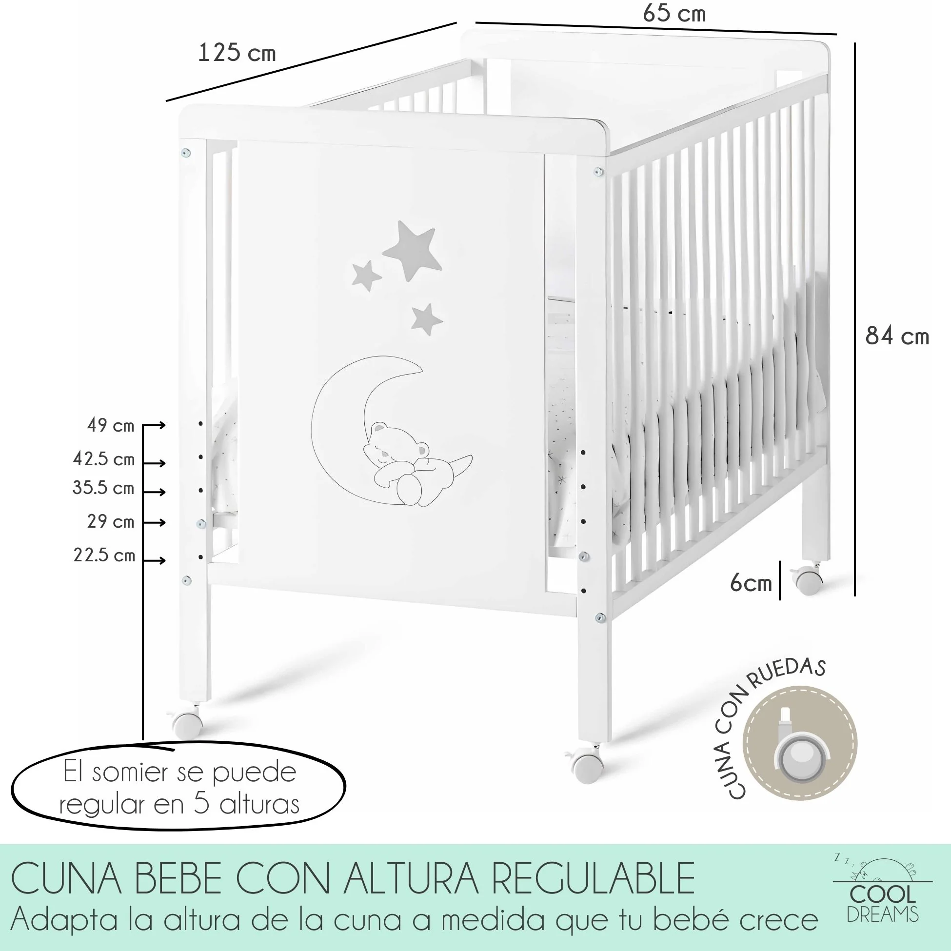 Cuna Colecho De Bebé Indi Estilo Nórdico Infantil 120x60cm Con Colecho, Colchón Morfeo, 4 Ruedas Y Sábanas De Algodón - Image 5