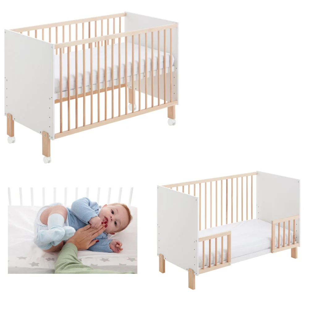 Cuna Convertible En Cama Umami Estilo Nórdico Infantil, Con Ruedas, Kit Colecho Y Barandillas De Seguridad