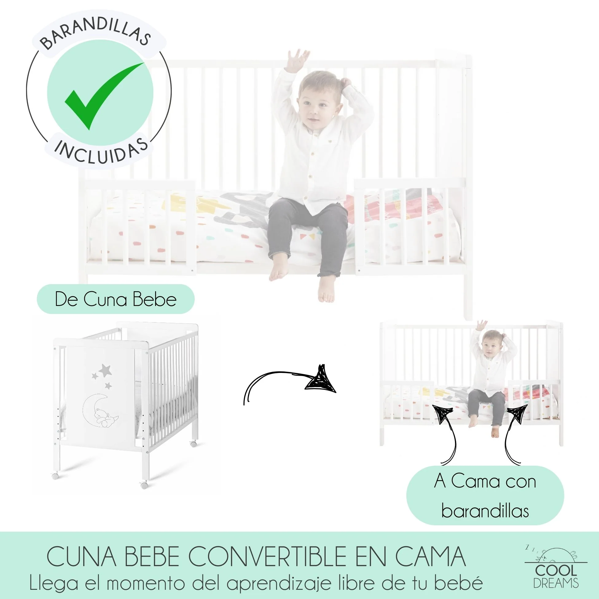 Cuna Convertible Indi Estilo Nórdico, Madera De Haya, Con Barandillas, Colchón Morfeo Y Funda De Colchón Impermeable - Image 2