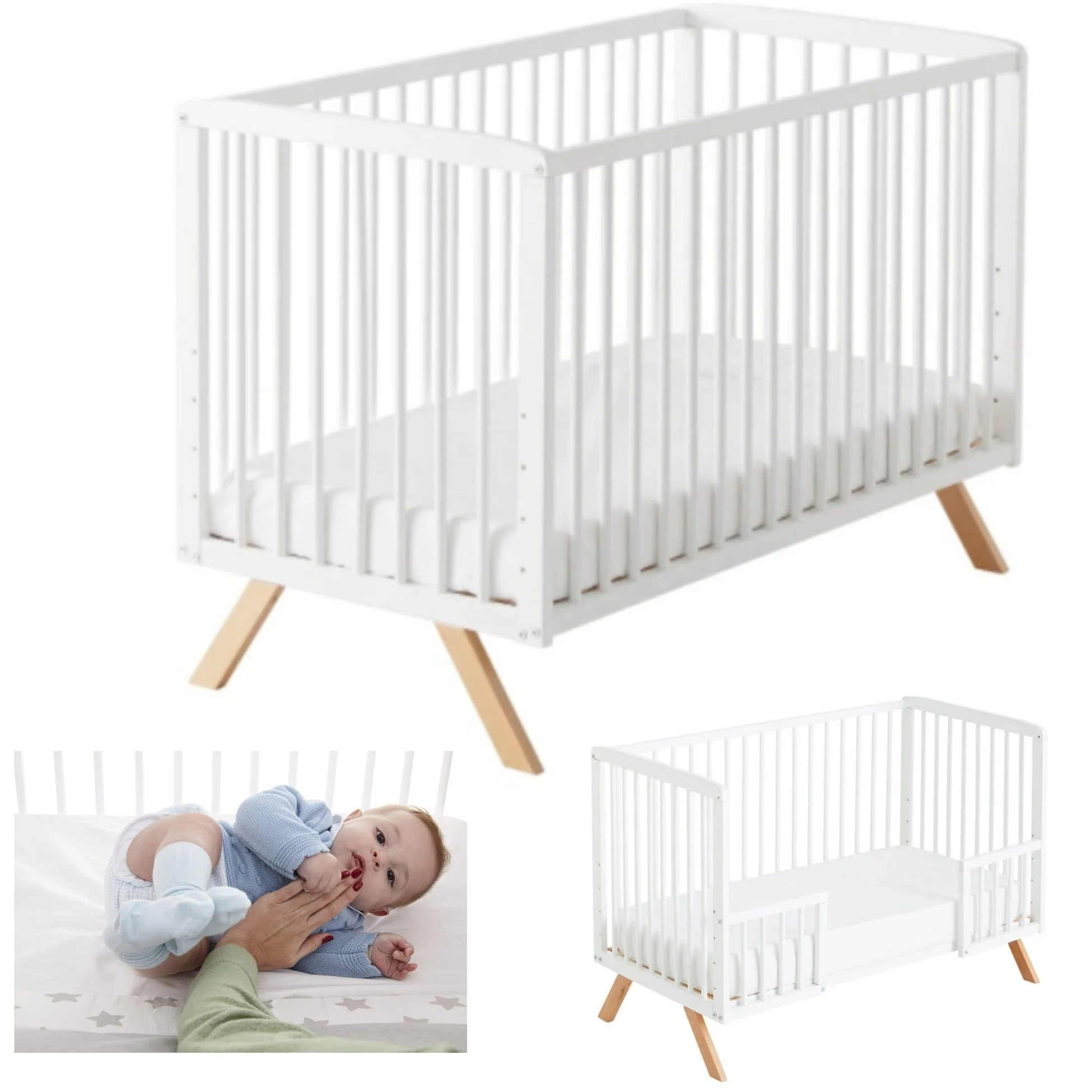 Cuna Convertible Nuru Con Kit Colecho Para Unir A La Cama Y Barandillas Blancas. Conforme A Normativa Europea