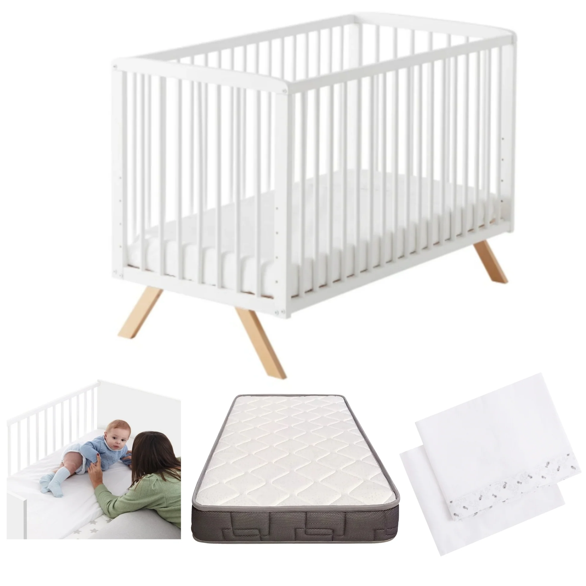 Cuna De Bebé Nuru Estilo Nórdico Infantil, Con Kit Colecho, Colchón Morfeo Y Ropa De Cama 100% Algodón