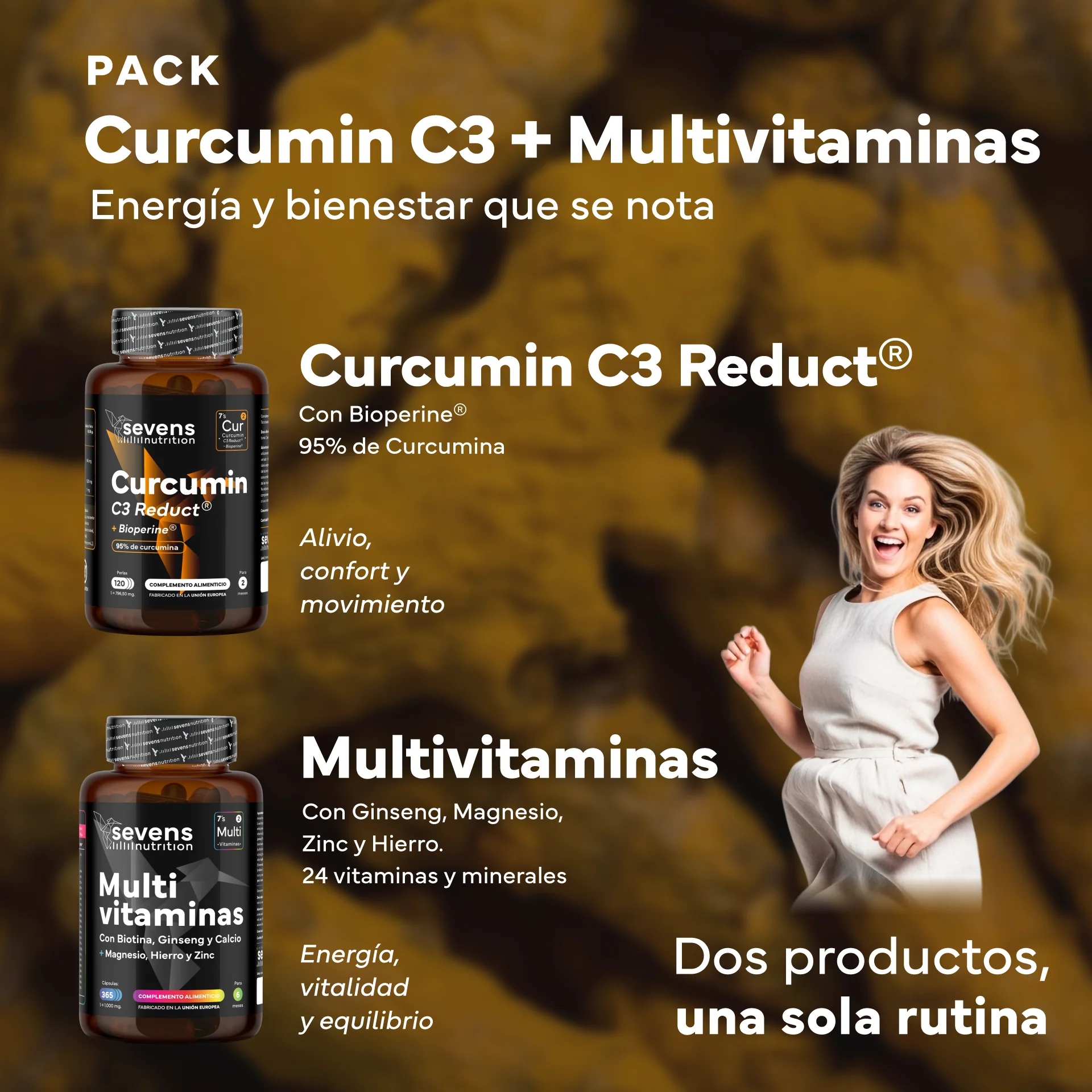 Cúrcuma Con Pimienta Negra + Multivitaminas Con Ginseng. Sevens Nutrition. Antiinflamatorio Y Vitalidad - Image 2