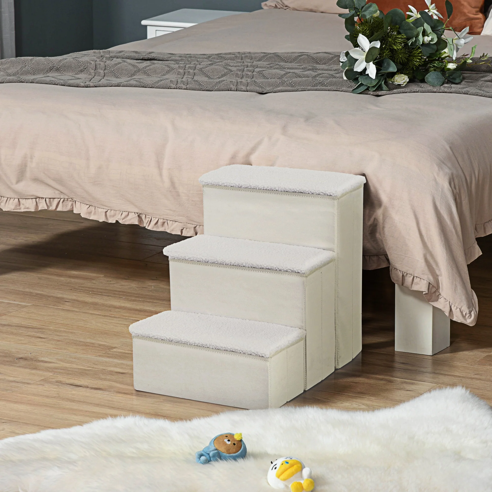 Escalera Para Mascotas 3 Peldaños Plegable Con Tapas Abatibles 40x54x48cm Blanco - Image 2
