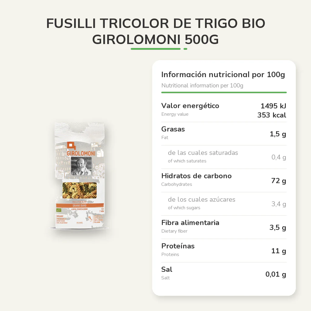 Fusilli tricolor de trigo bio Girolomoni 500g - Image 5