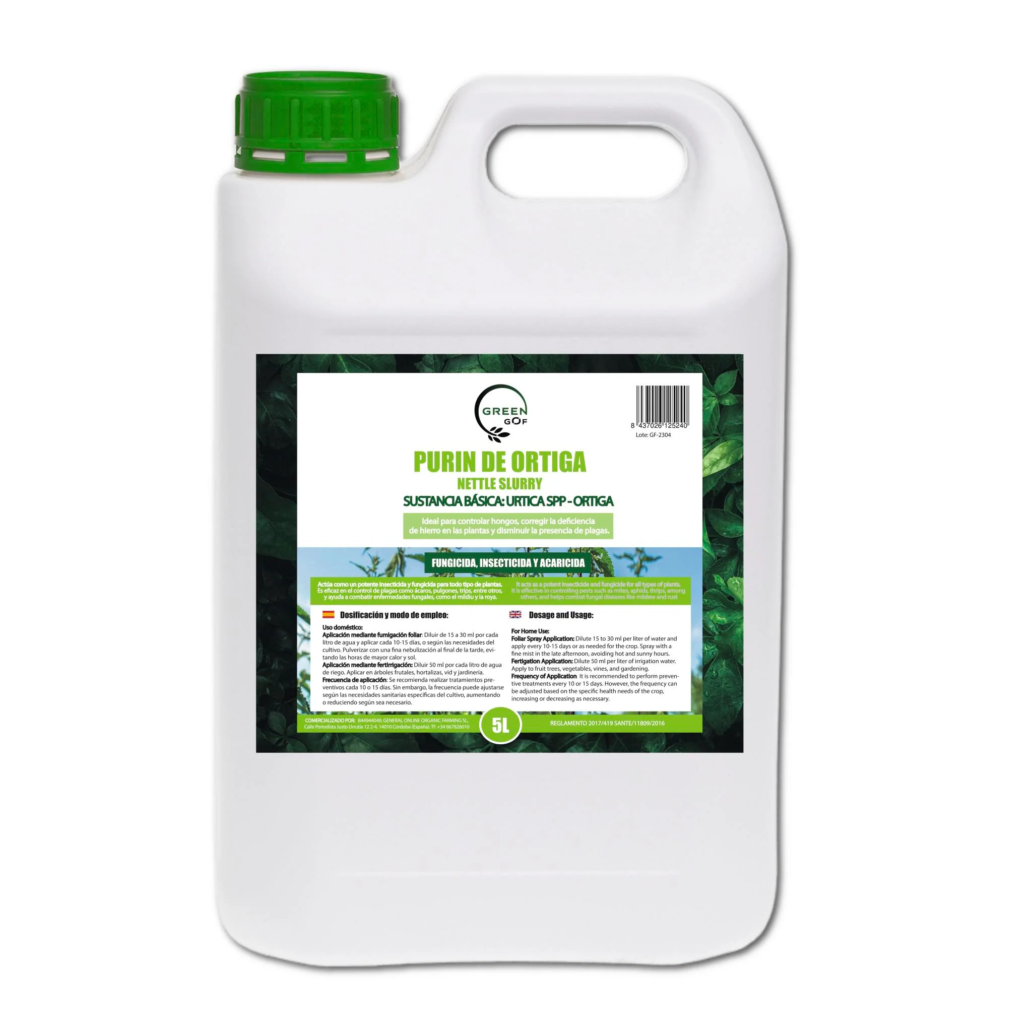 GREEN GOF Purin De Ortiga, 5L. Insecticida, Fungicida, Acaricida. Orgánico y 100% Natural. Curativo y Preventivo.