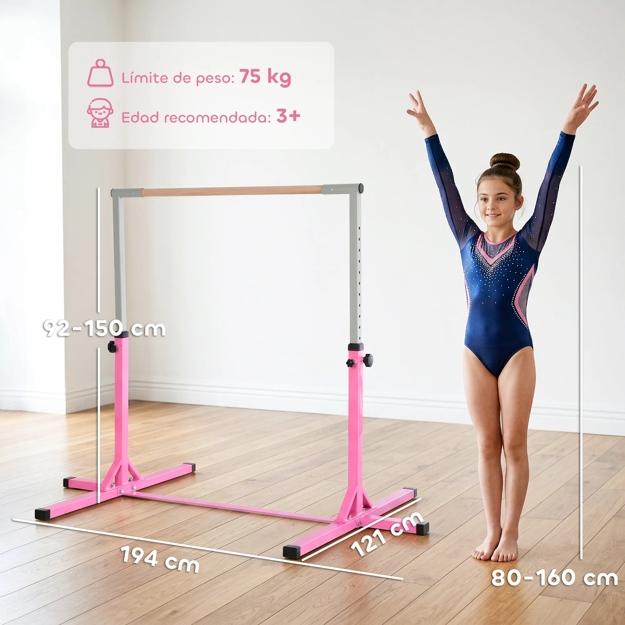 Homcom Barra De Gimnasia Para Niños De +3 Años Con Altura Ajustable 92-150 Cm - Image 3