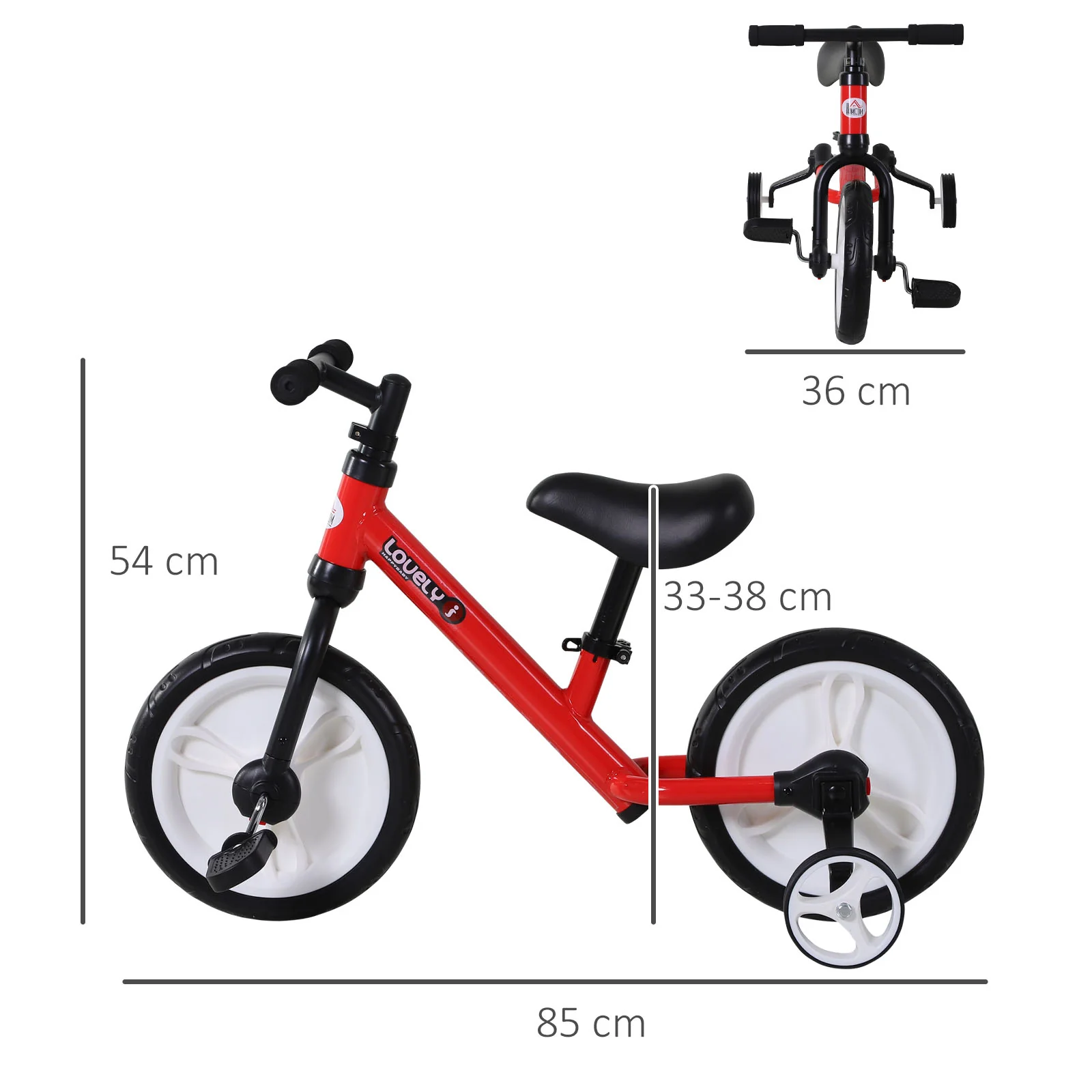 Homcom Bicicleta De Equilibrio Con Pedales Y Ruedas Entrenamiento Extraíbles - Image 3