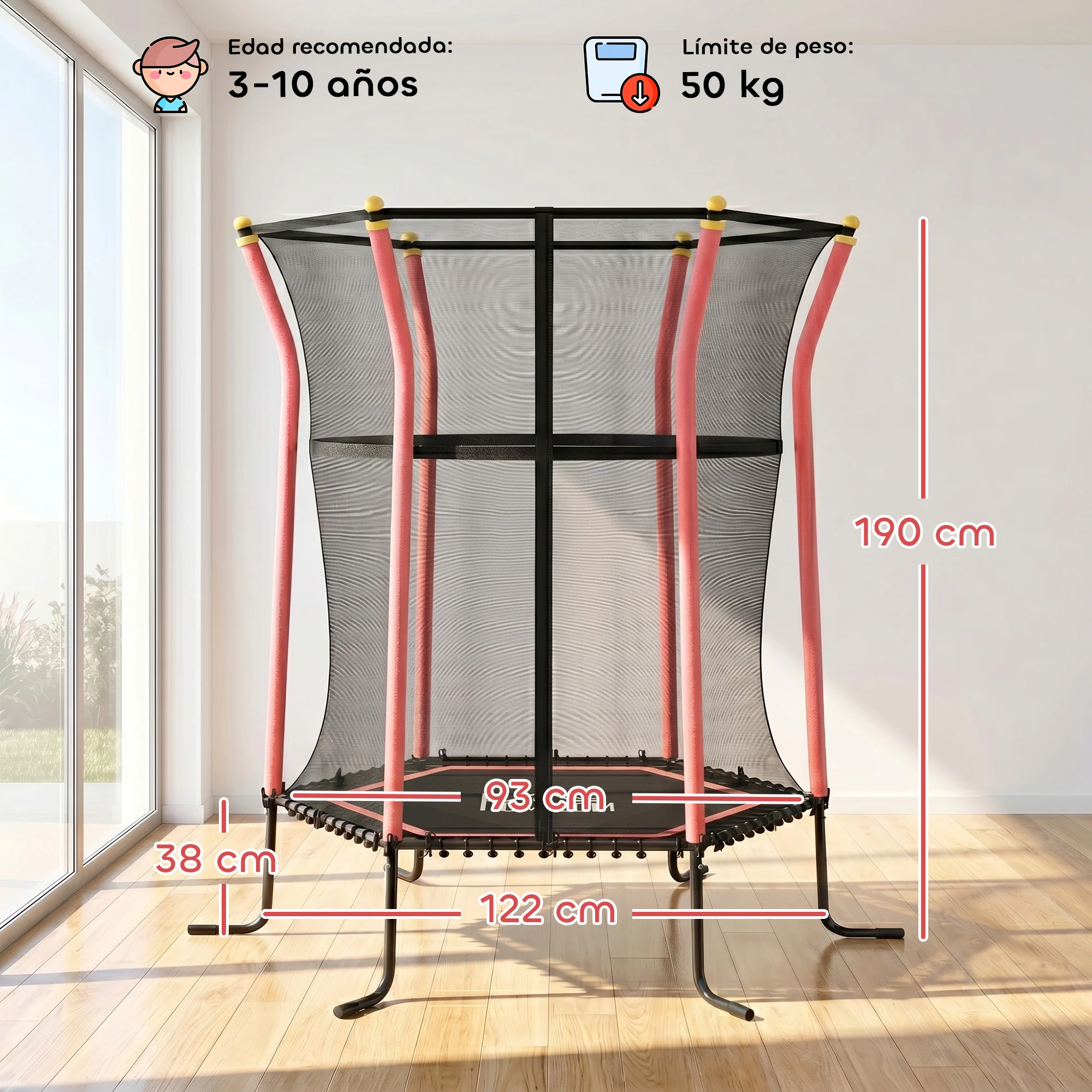 Homcom Cama Elástica Infantil De Jardín 122x111x190 Cm Carga 50 Kg Negro Y Rojo - Image 3