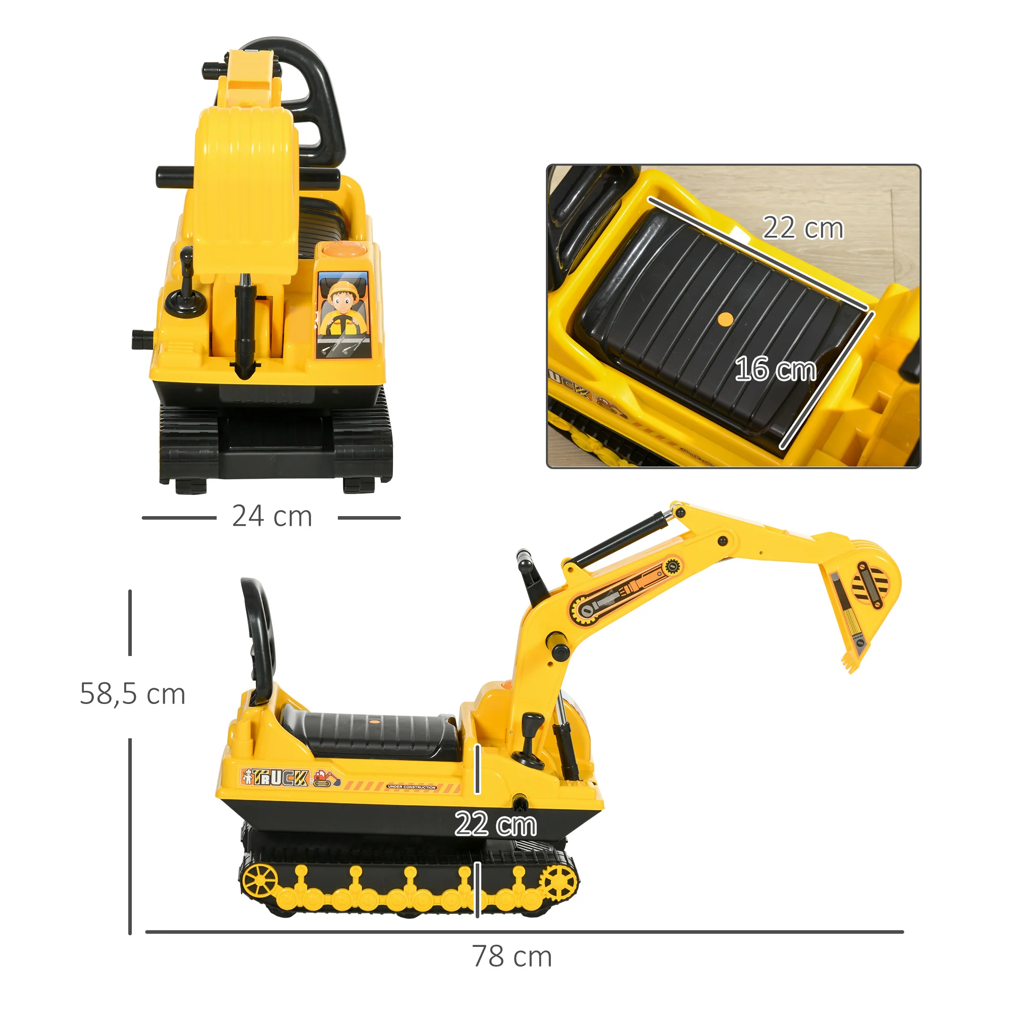 Homcom Excavadora Sin Pedales Para Niños Con Brazo Móvil 78x24x58,5 Cm Amarillo - Image 3