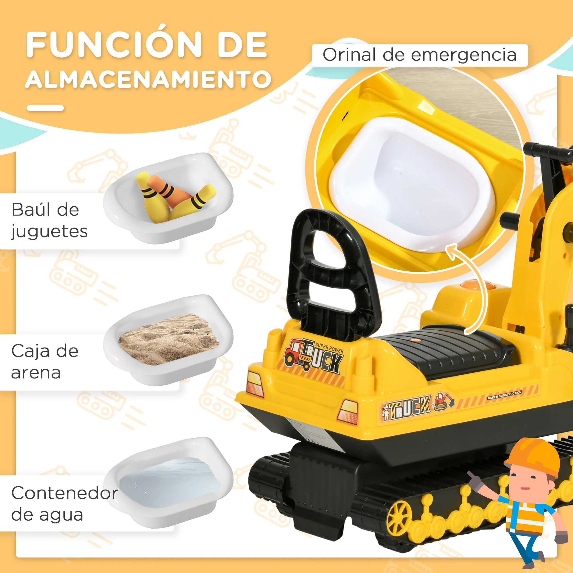 Homcom Excavadora Sin Pedales Para Niños Con Brazo Móvil 78x24x58,5 Cm Amarillo - Image 6