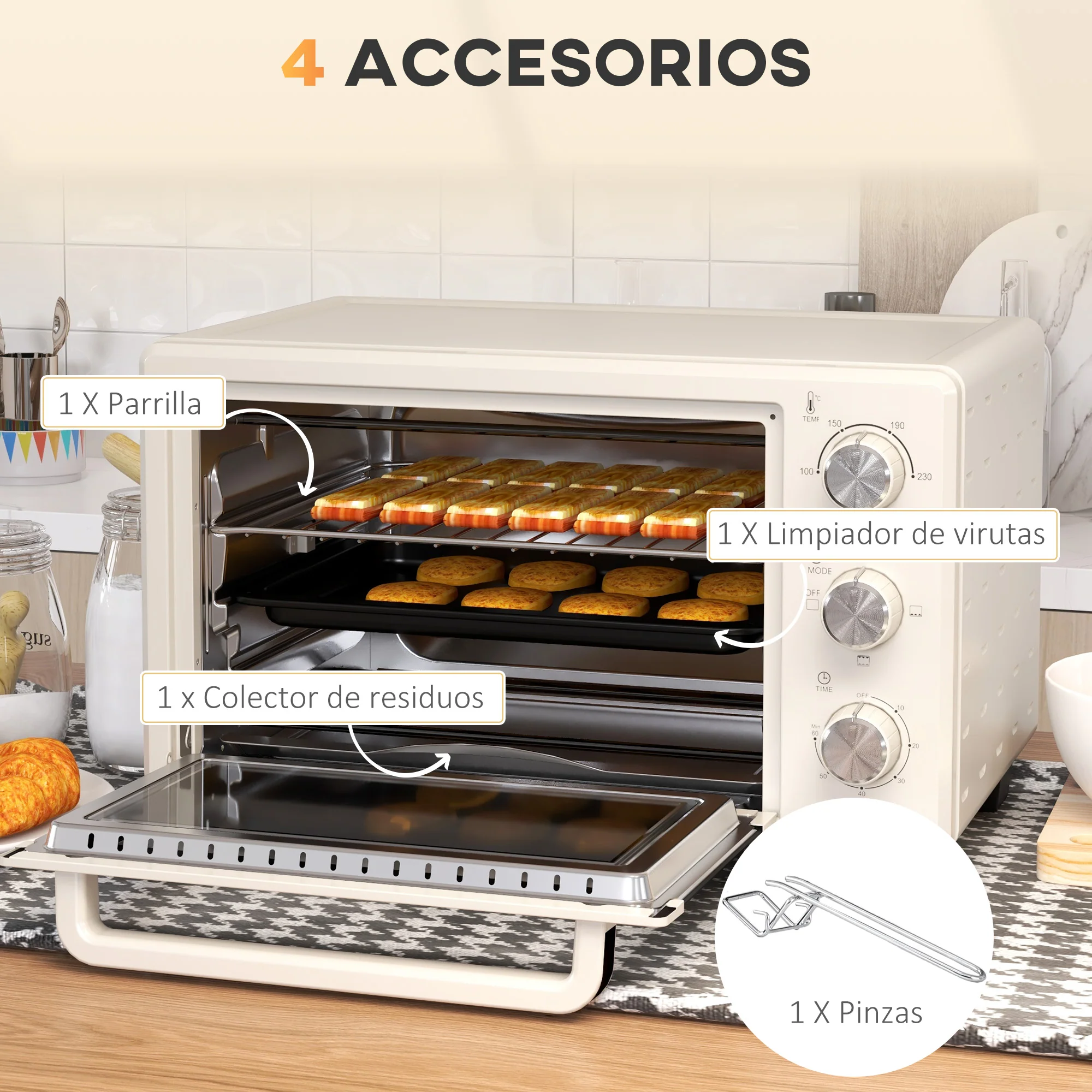 Homcom Horno Eléctrico De Sobremesa De 21l 1400w Con Temporizador Crema - Image 6