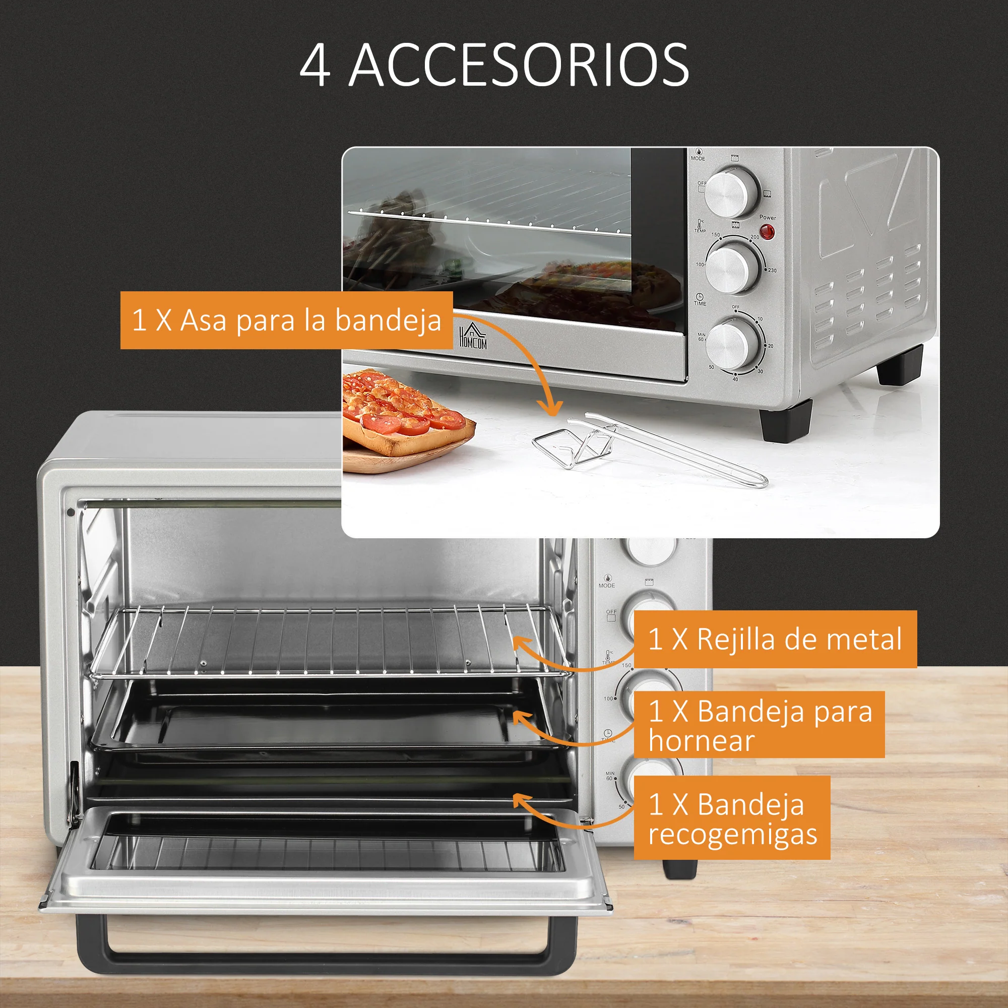 Homcom Mini Horno Eléctrico 32l 1600w 52,2x38,1x33,5 Cm Plata - Image 6