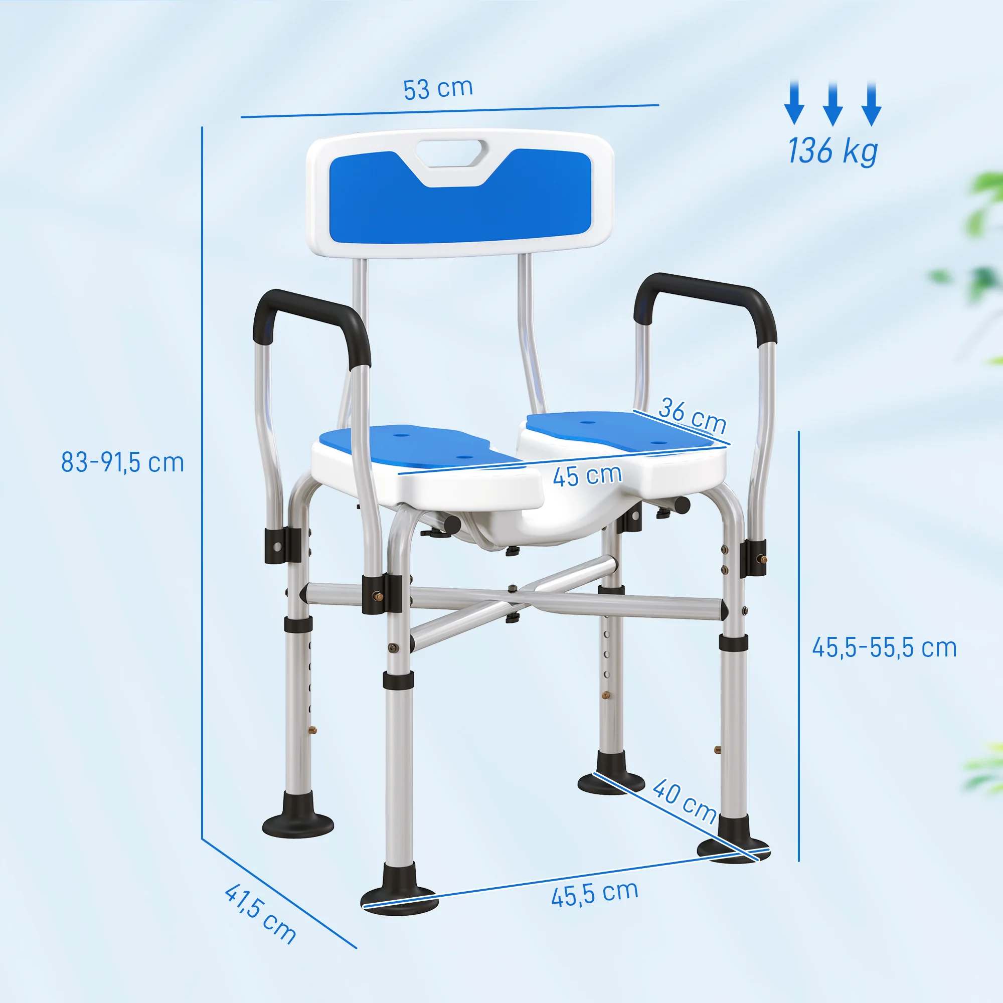 Homcom Silla Ducha Personas Mayores Con Asiento Ranurado Carga 136 Kg Azul - Image 3