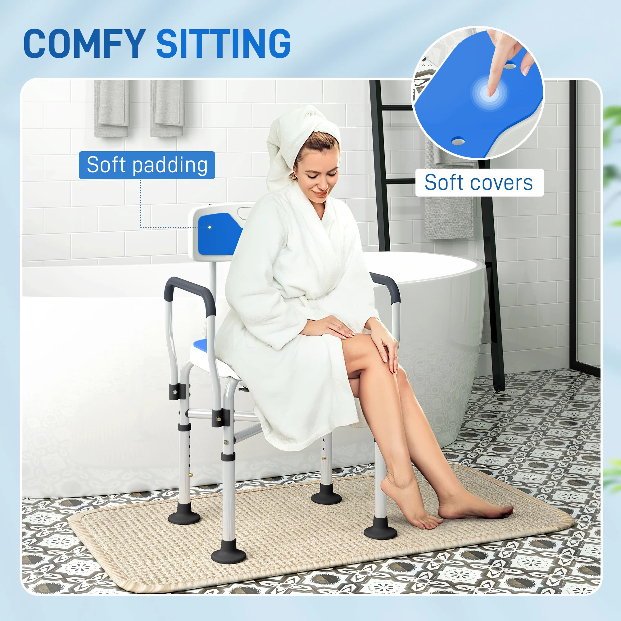 Homcom Silla Ducha Personas Mayores Con Asiento Ranurado Carga 136 Kg Azul - Image 4