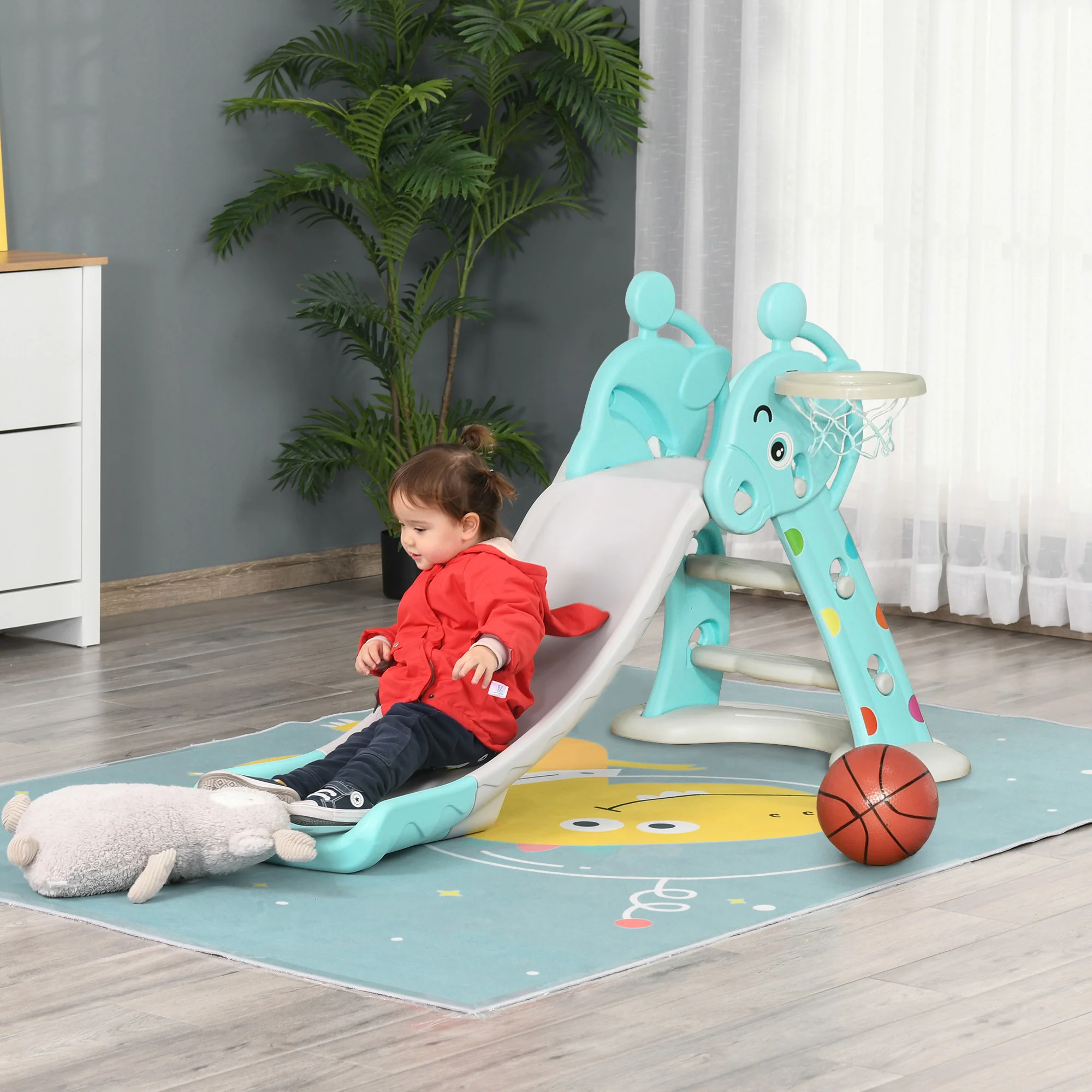 Homcom Tobogán Para Niños +18 Meses Plegable Con Canasta De Baloncesto Modelo - Image 2