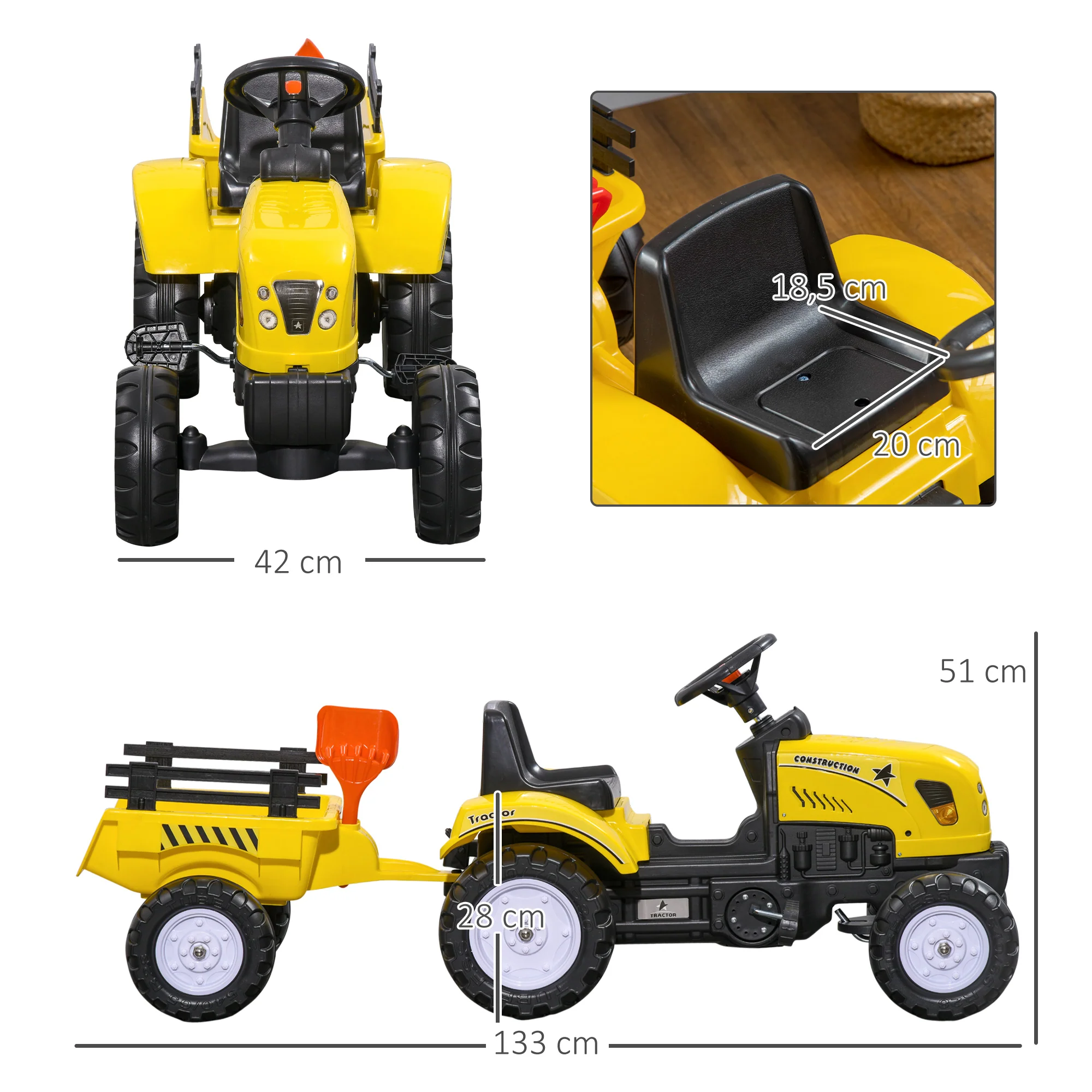 Homcom Tractor A Pedales Para Niños De 3 Años Con Remolque 133x42x51 Cm Amarillo - Image 3