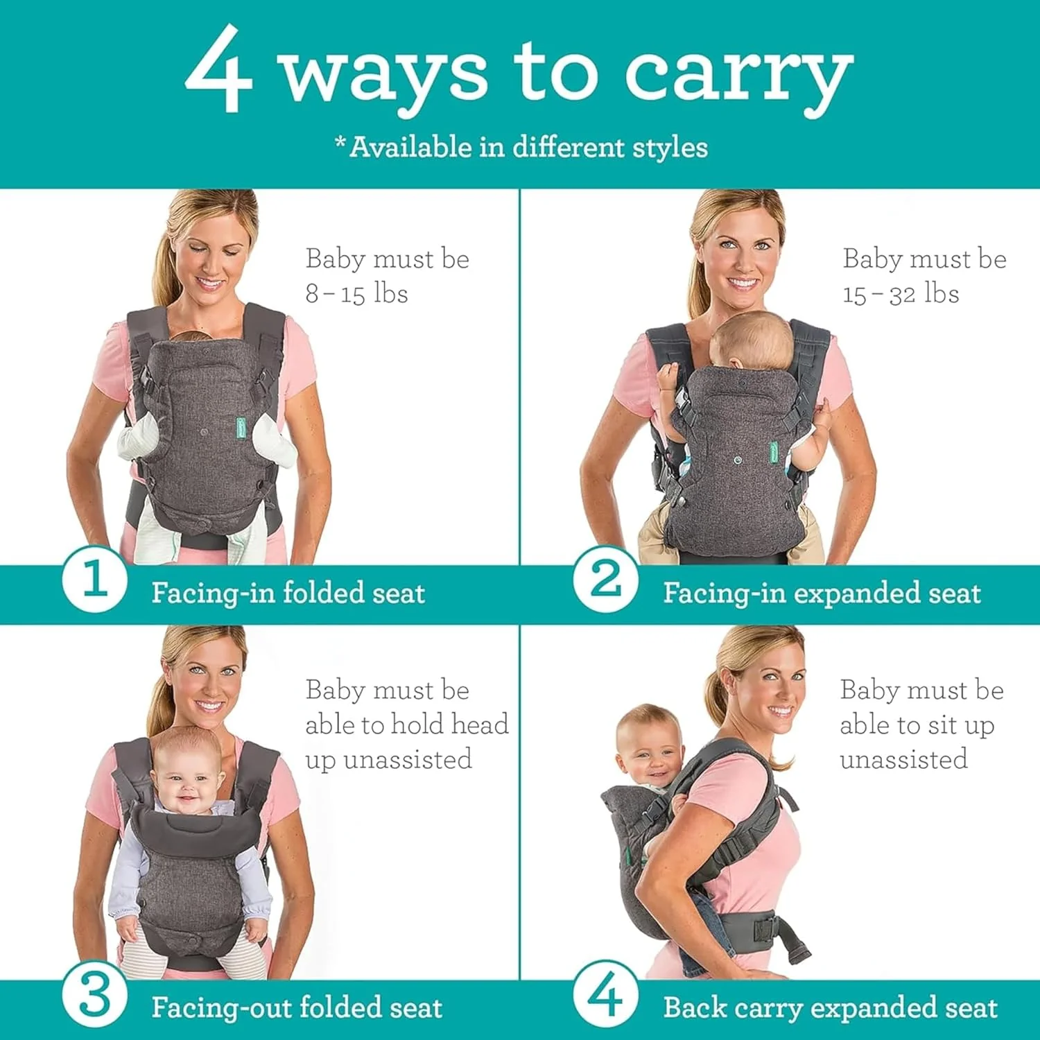 Infantino Mochila Portabebé Flip Advanced 4-en-1 Con Babero, Ergonómica, Convertible, Bebés De 3,6 A 14,5 Kg, Gris - Image 5