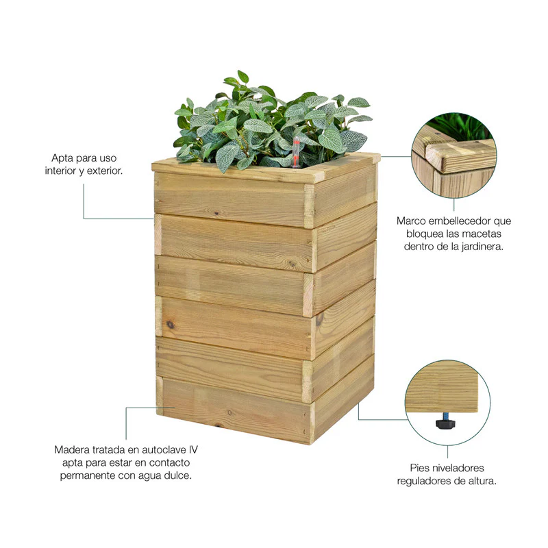 Jardinera Con Autorriego De Madera Nidum Basic Interior Y Exterior Hortalia 40x40x60 Cm - Image 4