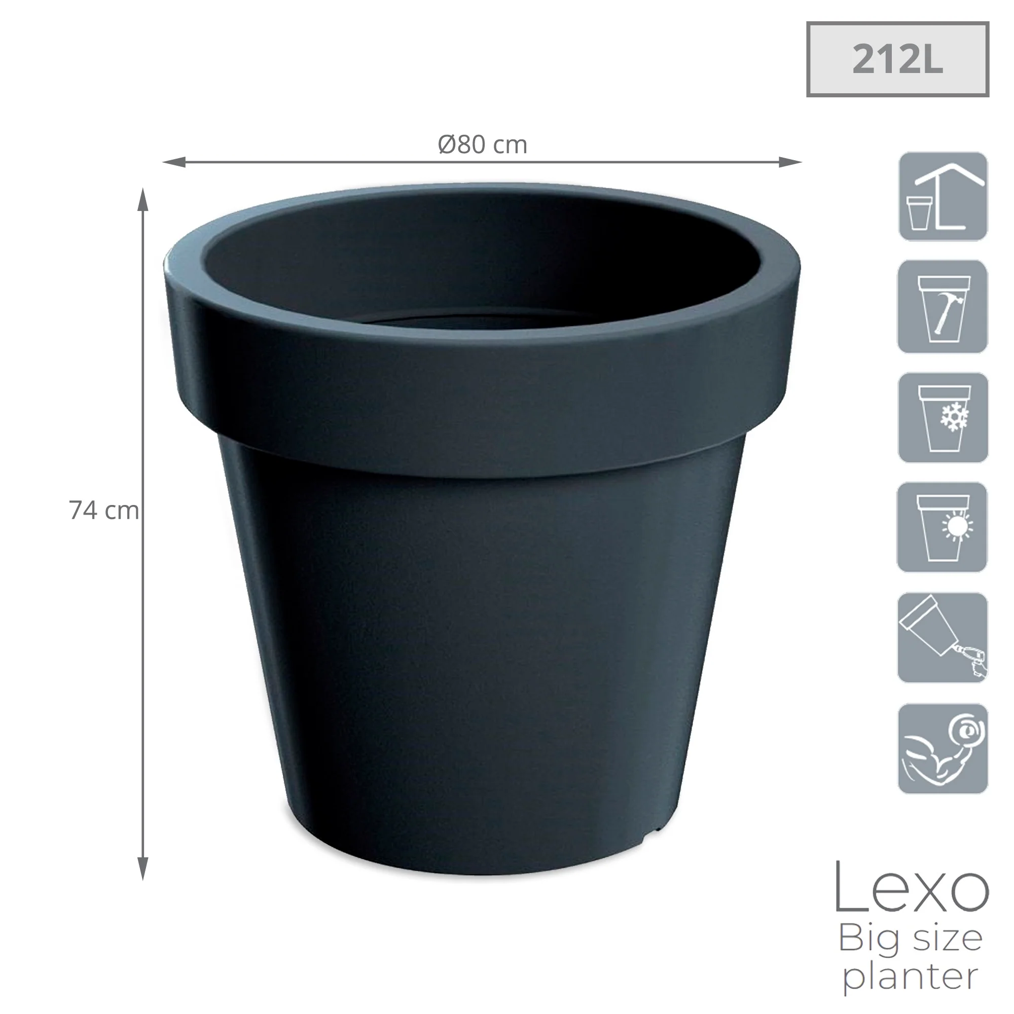 Maceta Lexo Round 212l., Dimensiones (mm) 800x800x740, Color Antracita - Image 3