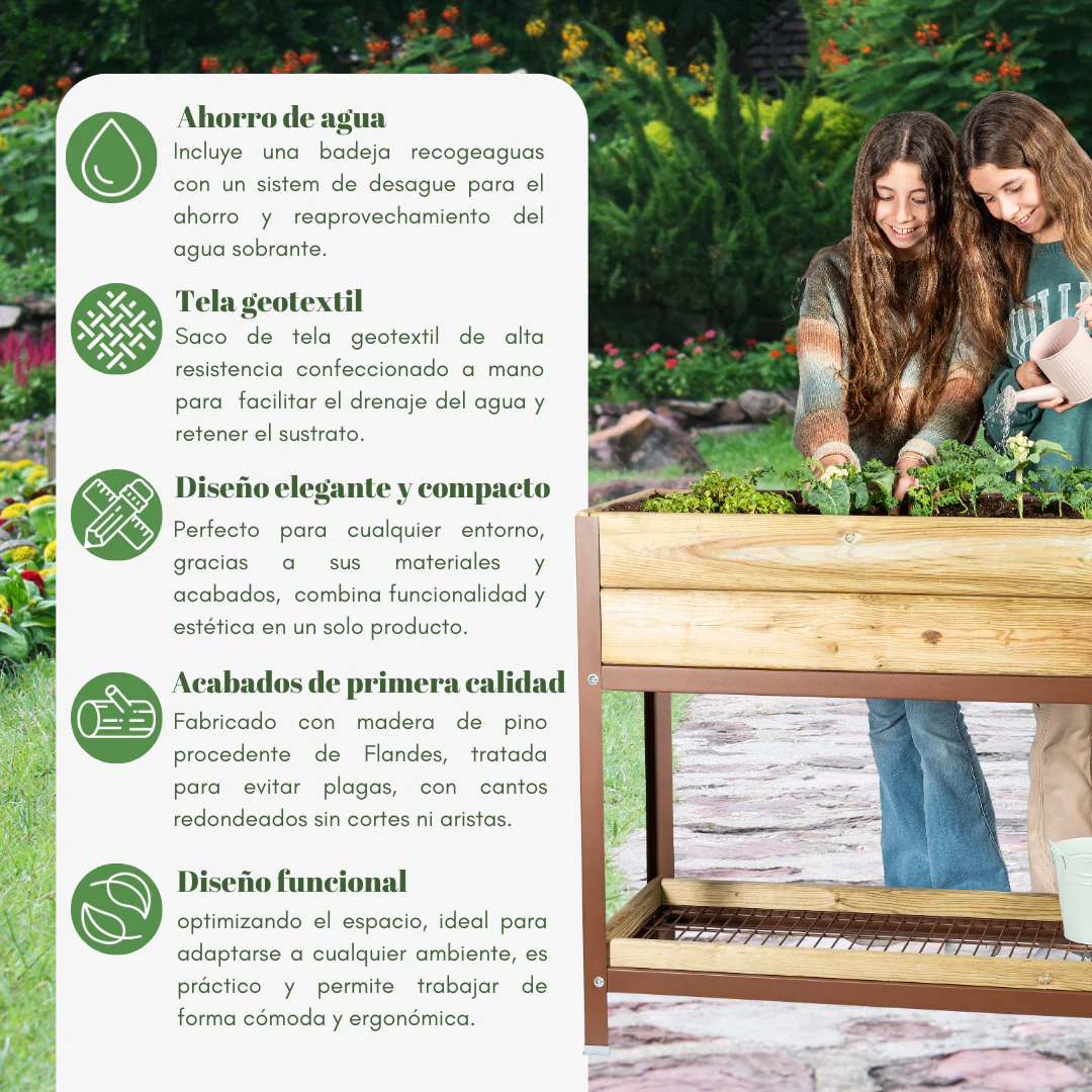 Mi Huerto Urban Jardinera Elevada Madera Con Bandeja Recoge Aguas | Estructura Metálica | Marrón | 90x30x78cm - Image 2