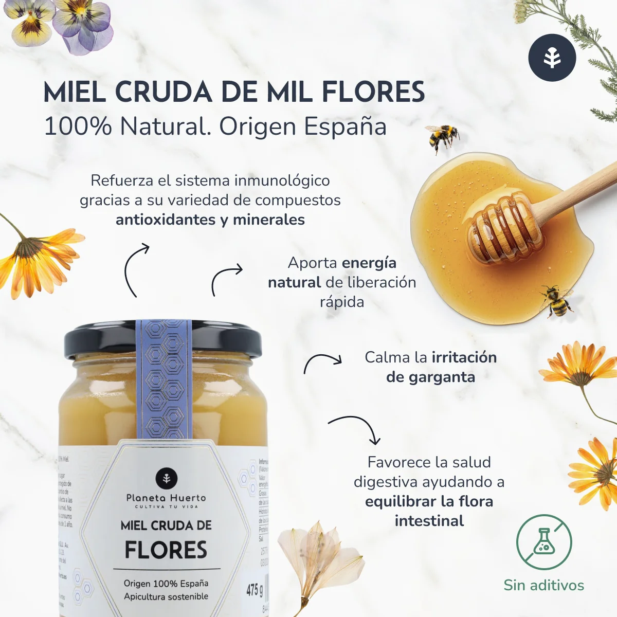 Miel Cruda de Mil Flores Planeta Huerto 475 g - Image 4