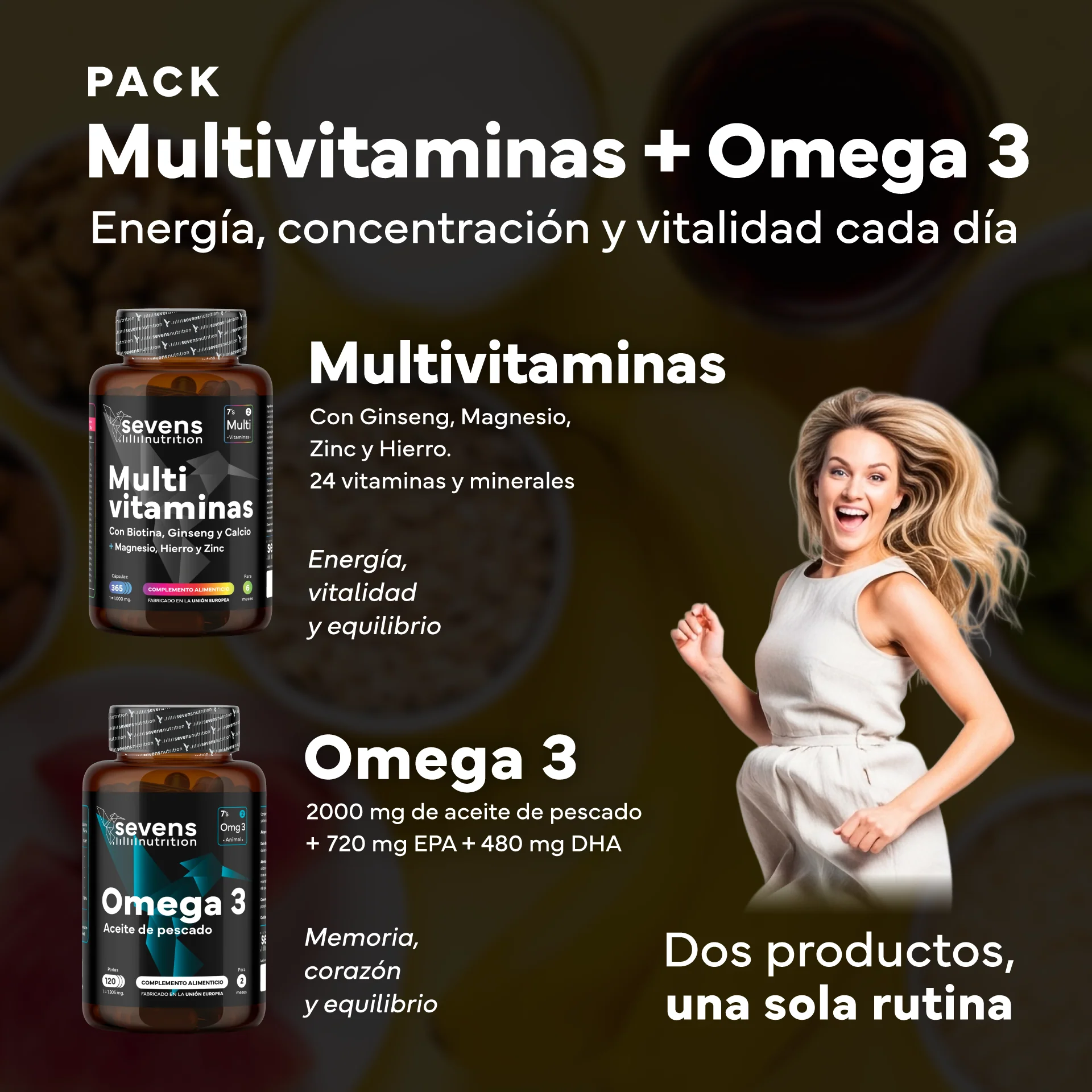 Multivitaminas Con Magnesio Y Ginseng + Omega 3 2000mg Omegatex®. Sevens Nutrition. Energía, Corazón Y Cerebro - Image 2