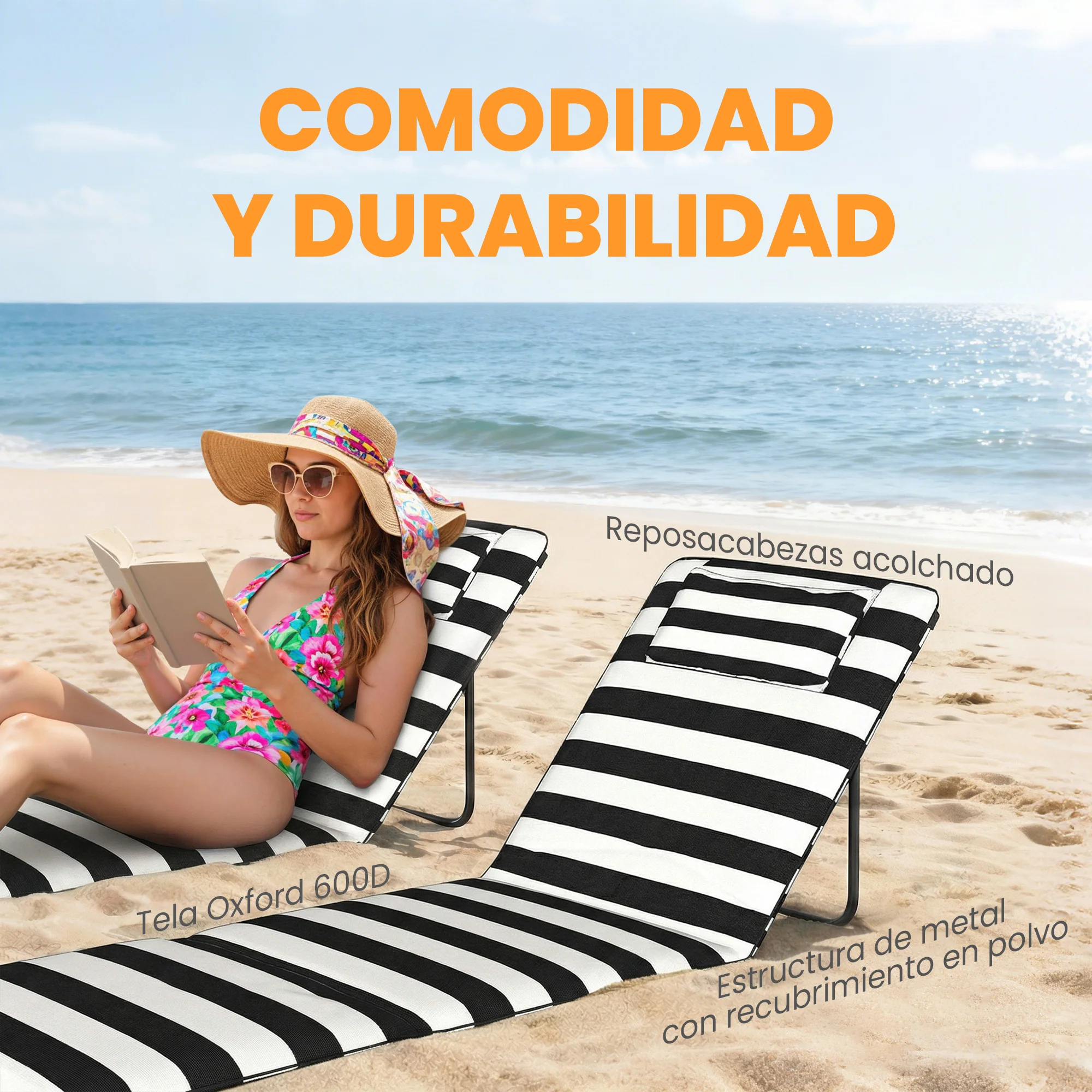 Outsunny 2 Esterillas De Playa Plegable Con Respaldo Ajustable Gris Y Blanco - Image 6
