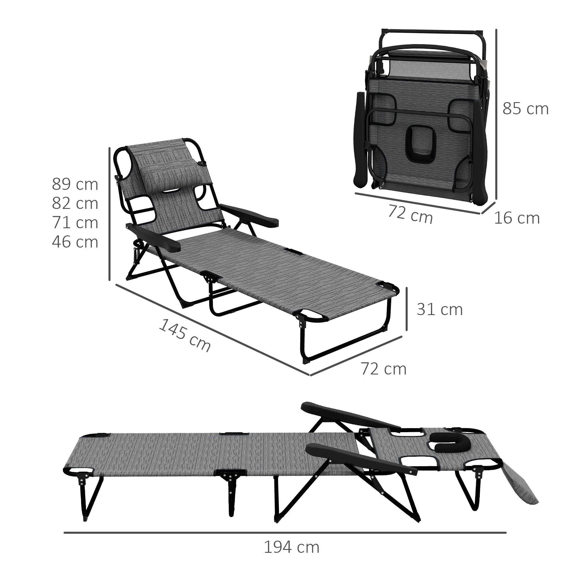 Outsunny 2 Tumbonas Plegables Con Respaldo Ajustable 194x72x31 Cm Gris - Image 3