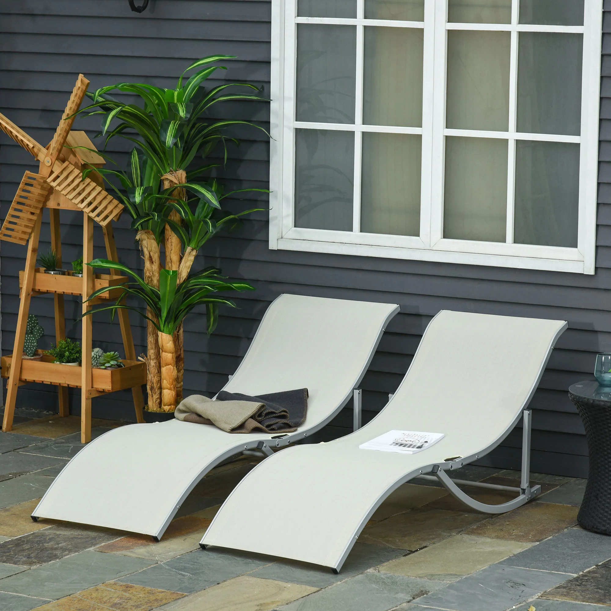 Outsunny 2 Tumbonas Plegables Forma De S Aluminio Texteline Para Terraza Crema - Image 2