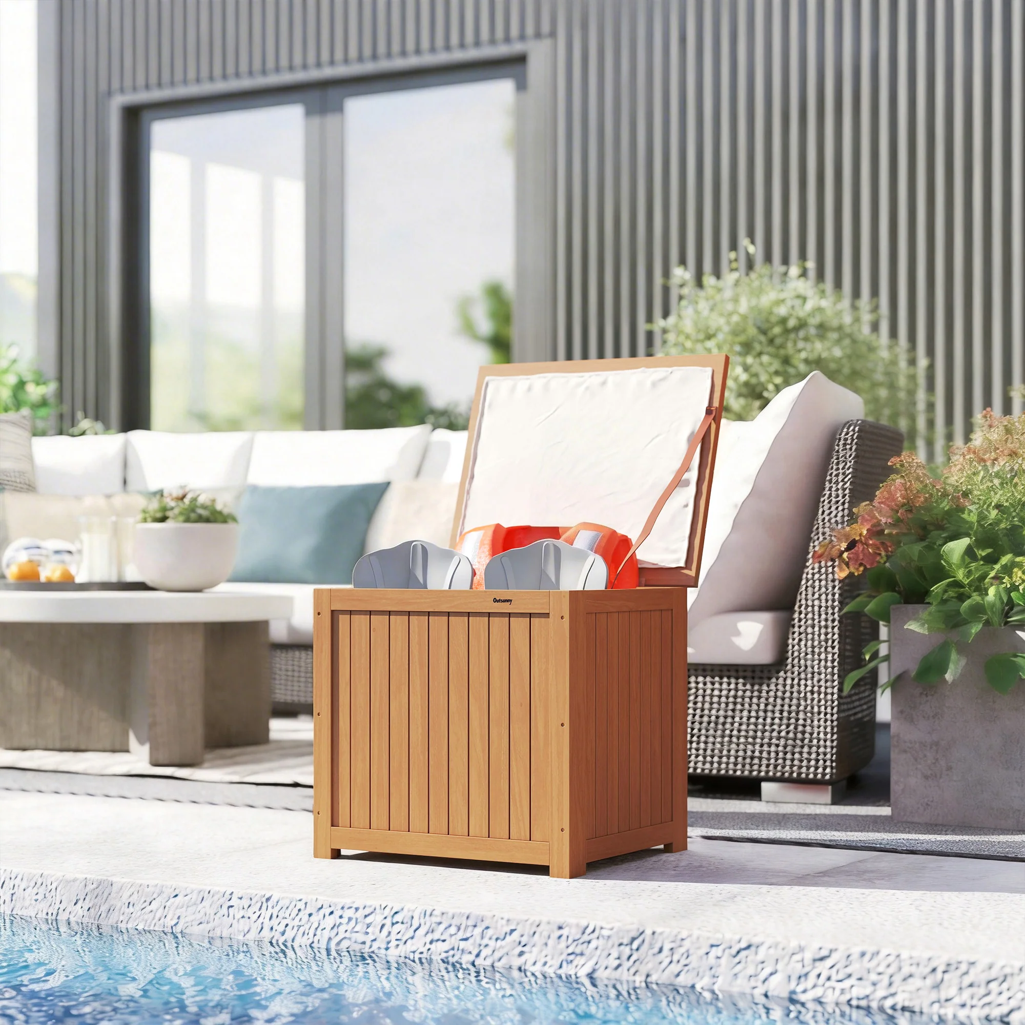 Outsunny Arcón Exterior De Madera 130l Con Forro Y Tapa Con Bisagras Marrón - Image 4