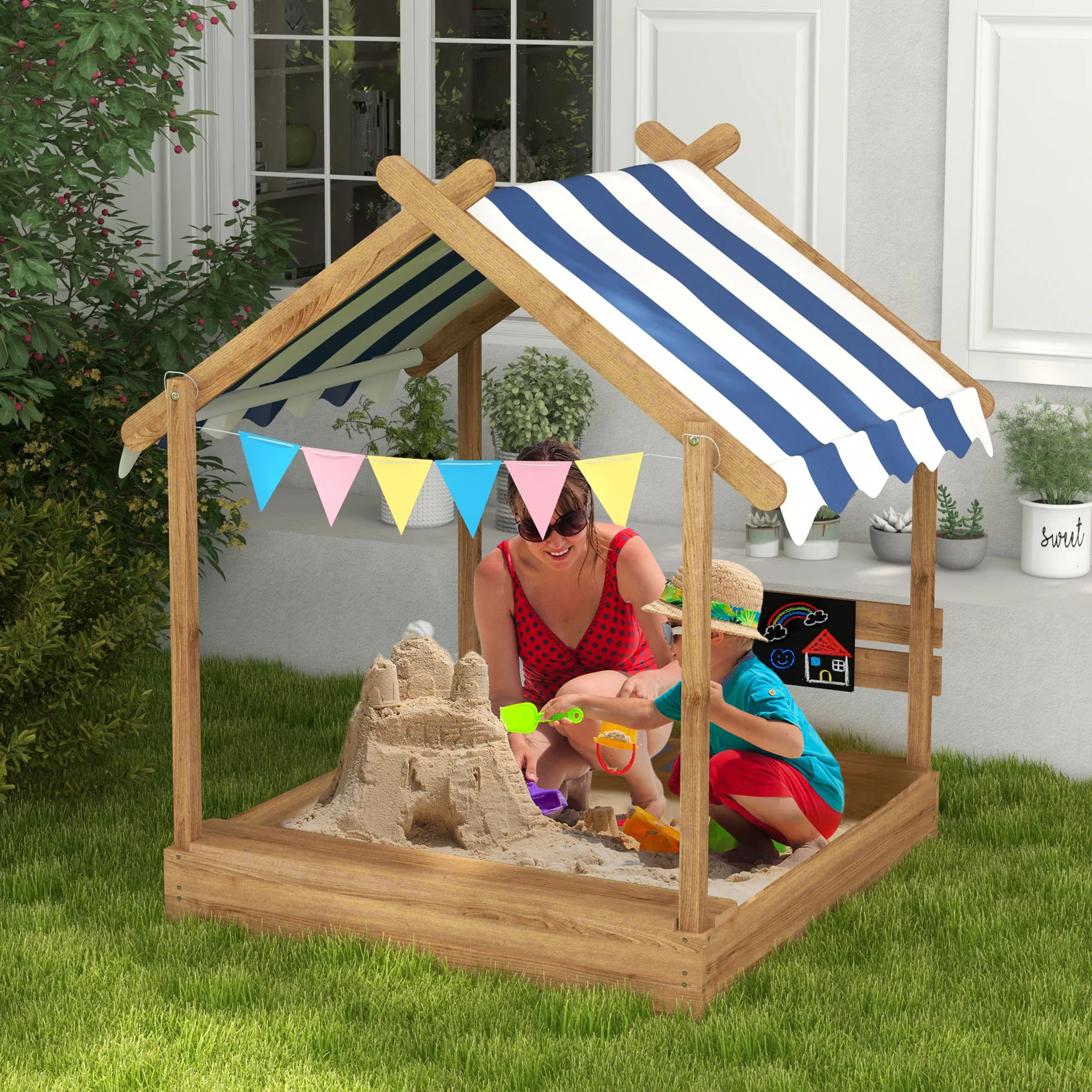 Outsunny Arenero Para Niños De Madera Con Toldo 124x116x146 Cm Marrón - Image 2