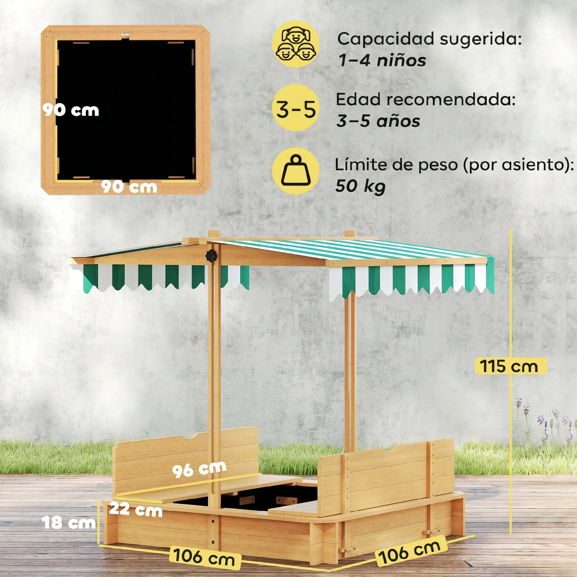 Outsunny Arenero Para Niños De Madera Con Toldo Ajustable 106x106x115 Cm Natural - Image 3