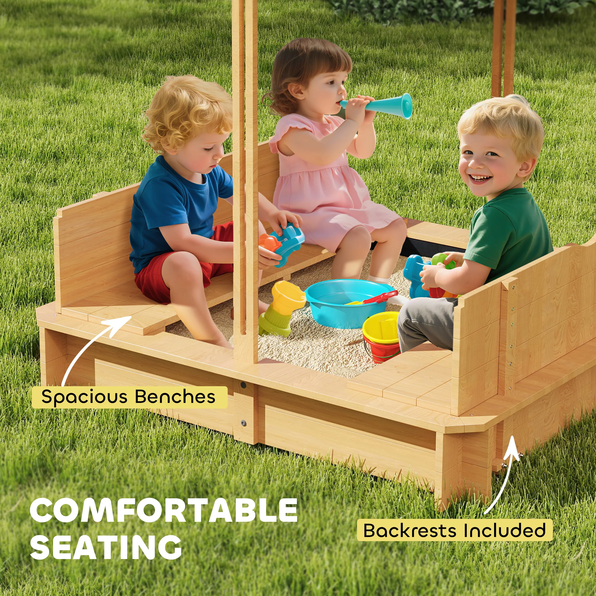 Outsunny Arenero Para Niños De Madera Con Toldo Ajustable 106x106x115 Cm Natural - Image 4