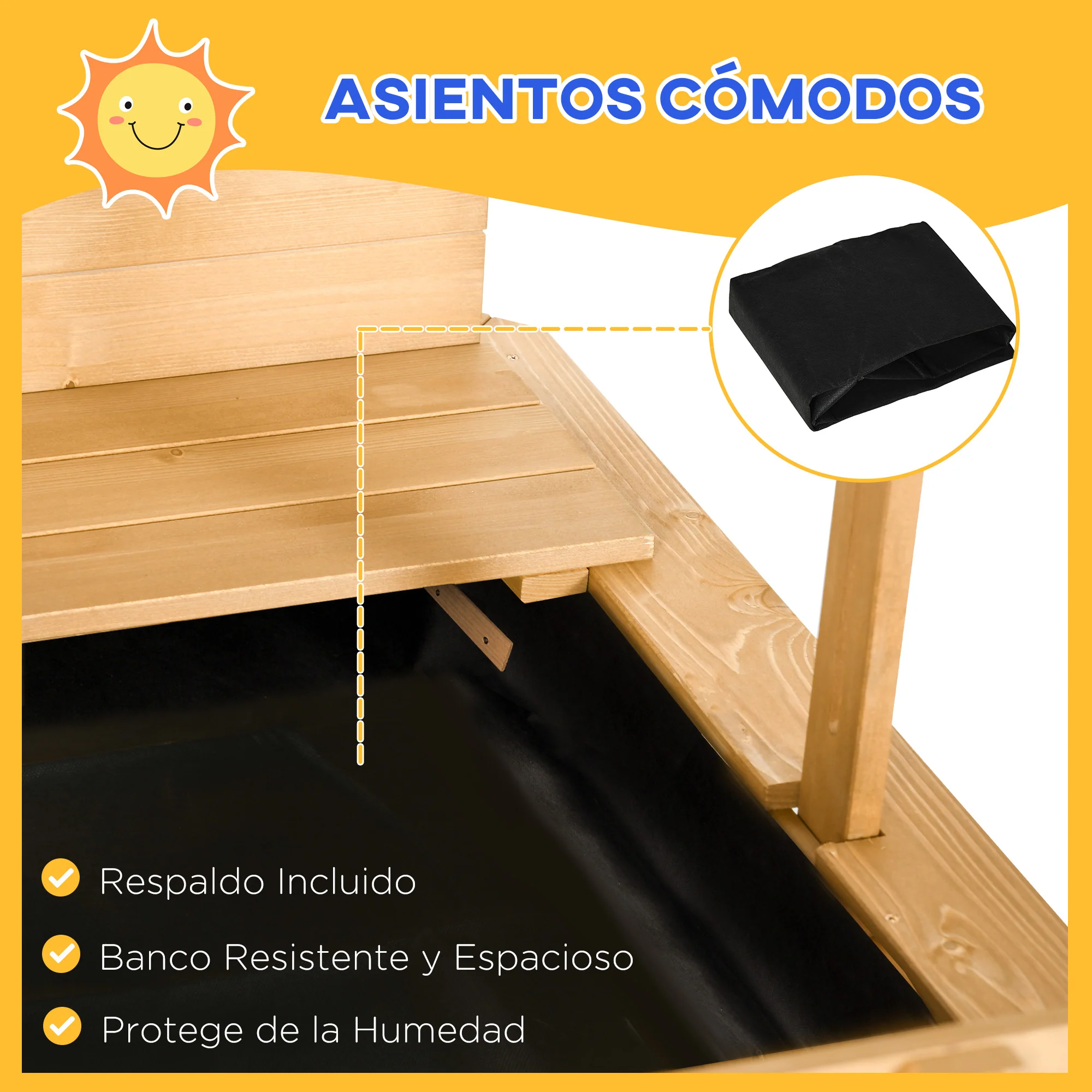 Outsunny Arenero Para Niños De Madera Con Toldo Ajustable 106x106x115 Cm Natural - Image 6