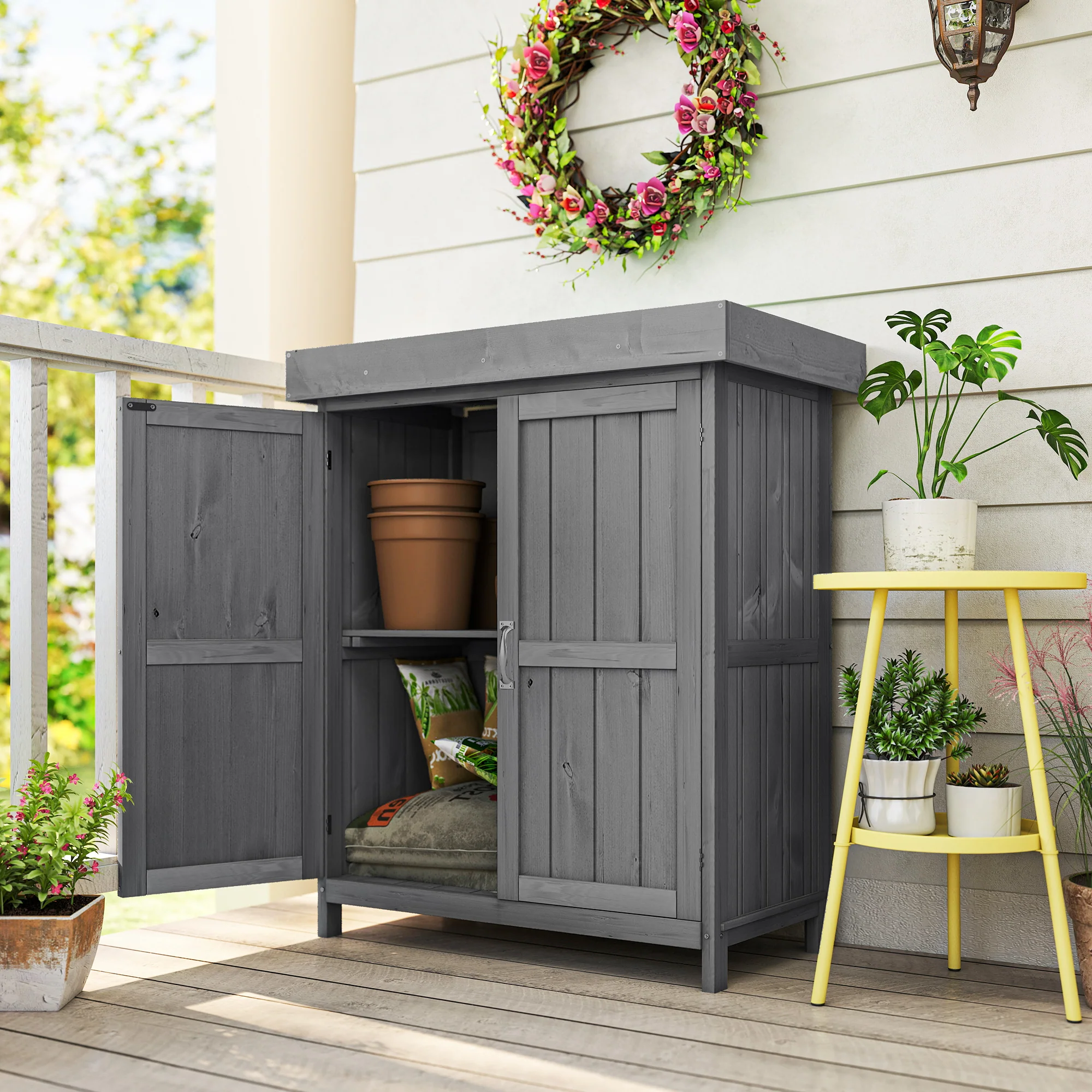 Outsunny Armario De Jardín De Madera Con 2 Puertas Techo Asfáltico 74x43x88 Cm - Image 2