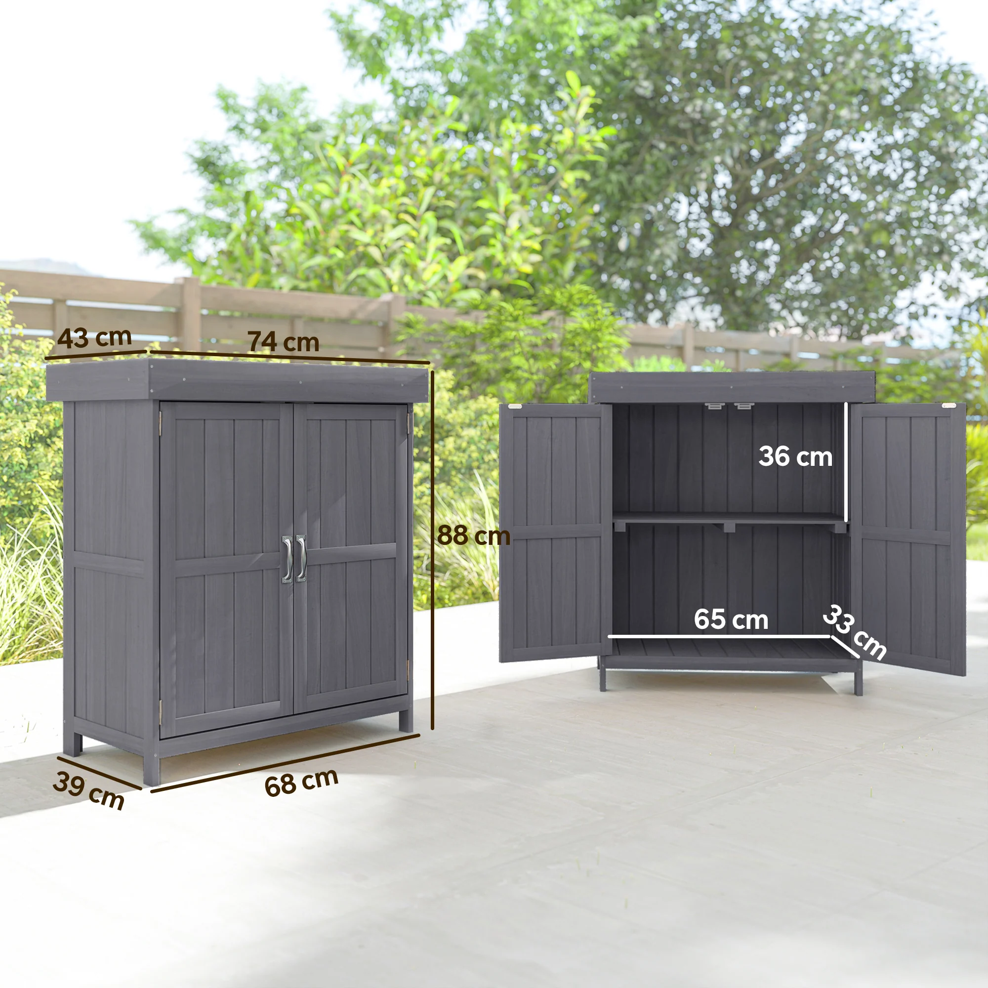 Outsunny Armario De Jardín De Madera Con 2 Puertas Techo Asfáltico 74x43x88 Cm - Image 3