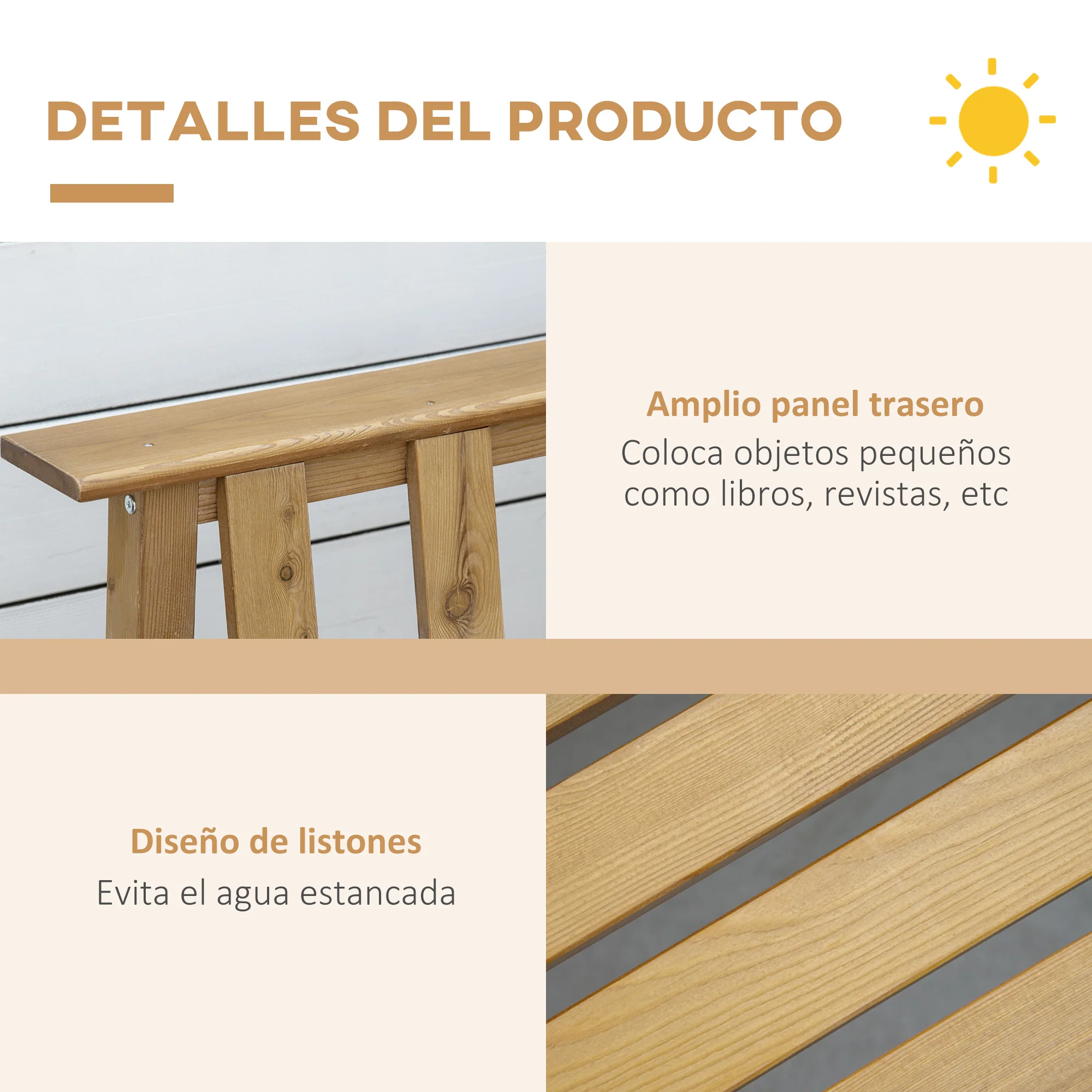 Outsunny Banco De Jardín De 3 Plazas De Madera Con Respaldo Listones 144x60x77cm - Image 6