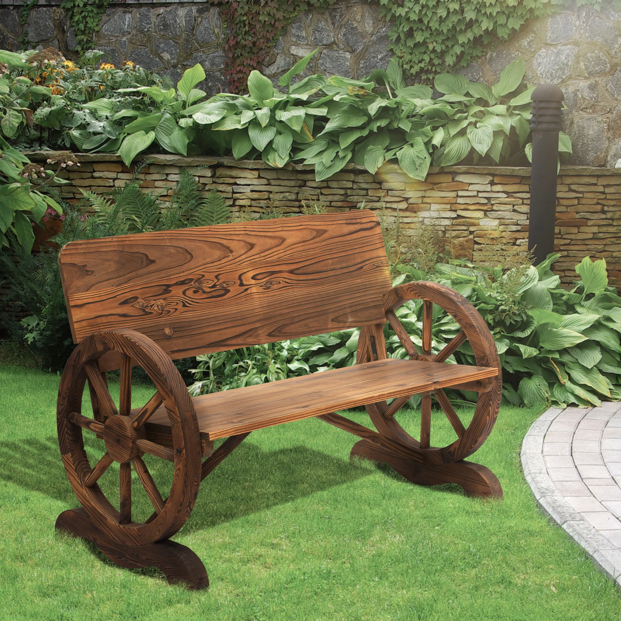 Outsunny Banco De Jardín De Madera Con Reposabrazos 114x58x80 Cm Carbonizado - Image 2
