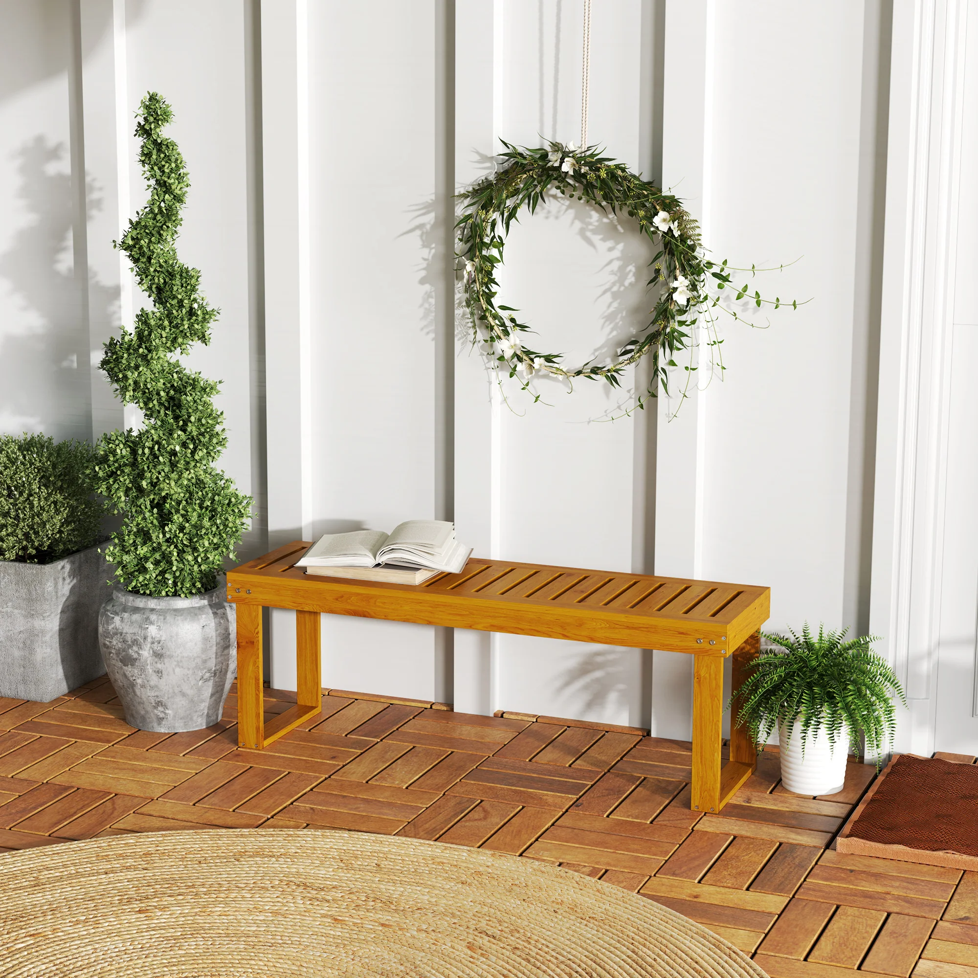 Outsunny Banco De Jardín De Madera De 2 Plazas Asiento De Lamas 120x34x43cm Teca - Image 2