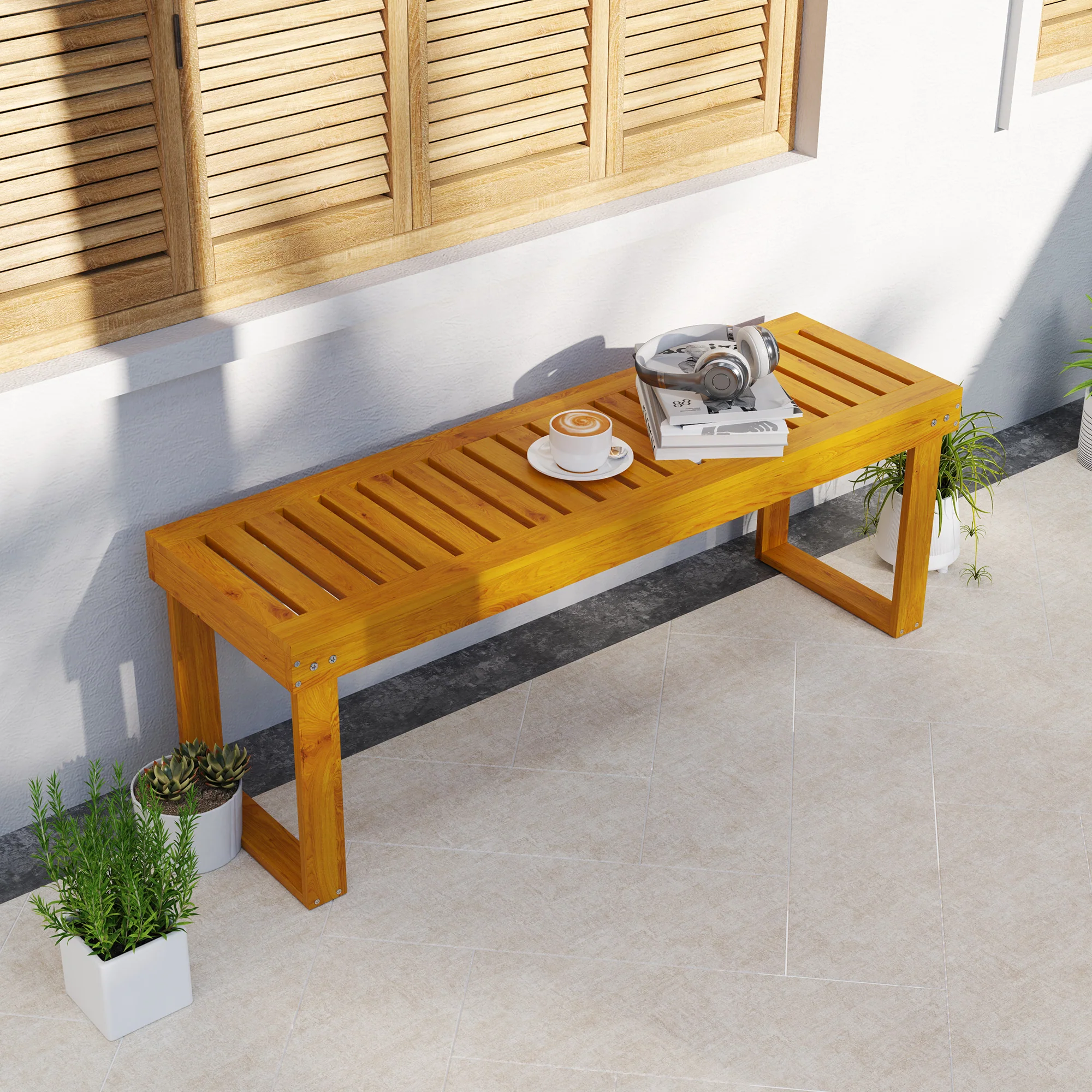 Outsunny Banco De Jardín De Madera De 2 Plazas Asiento De Lamas 120x34x43cm Teca - Image 4