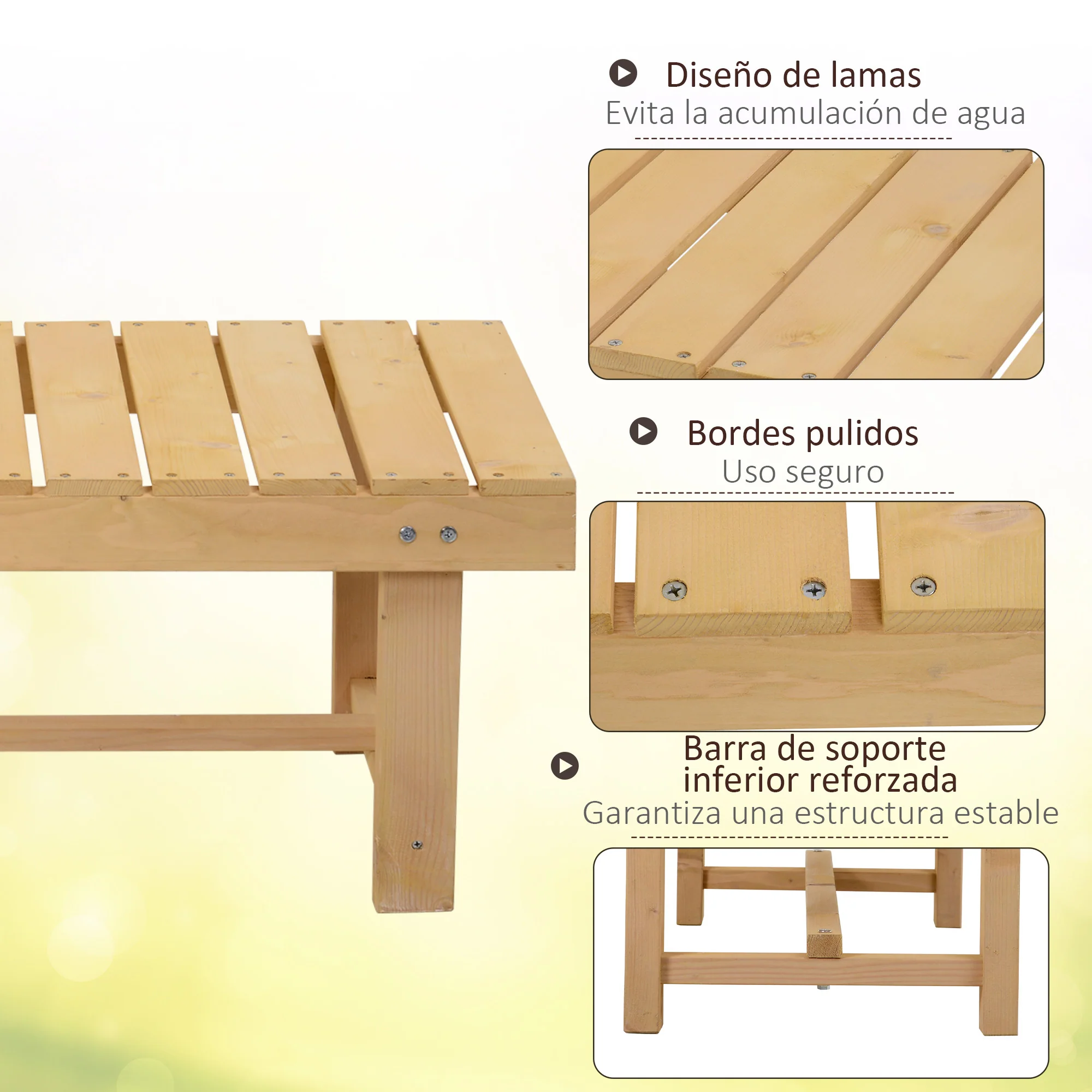 Outsunny Banco De Jardín De Madera De 2 Plazas Carga 250 Kg 110x38x35 Cm Natural - Image 6