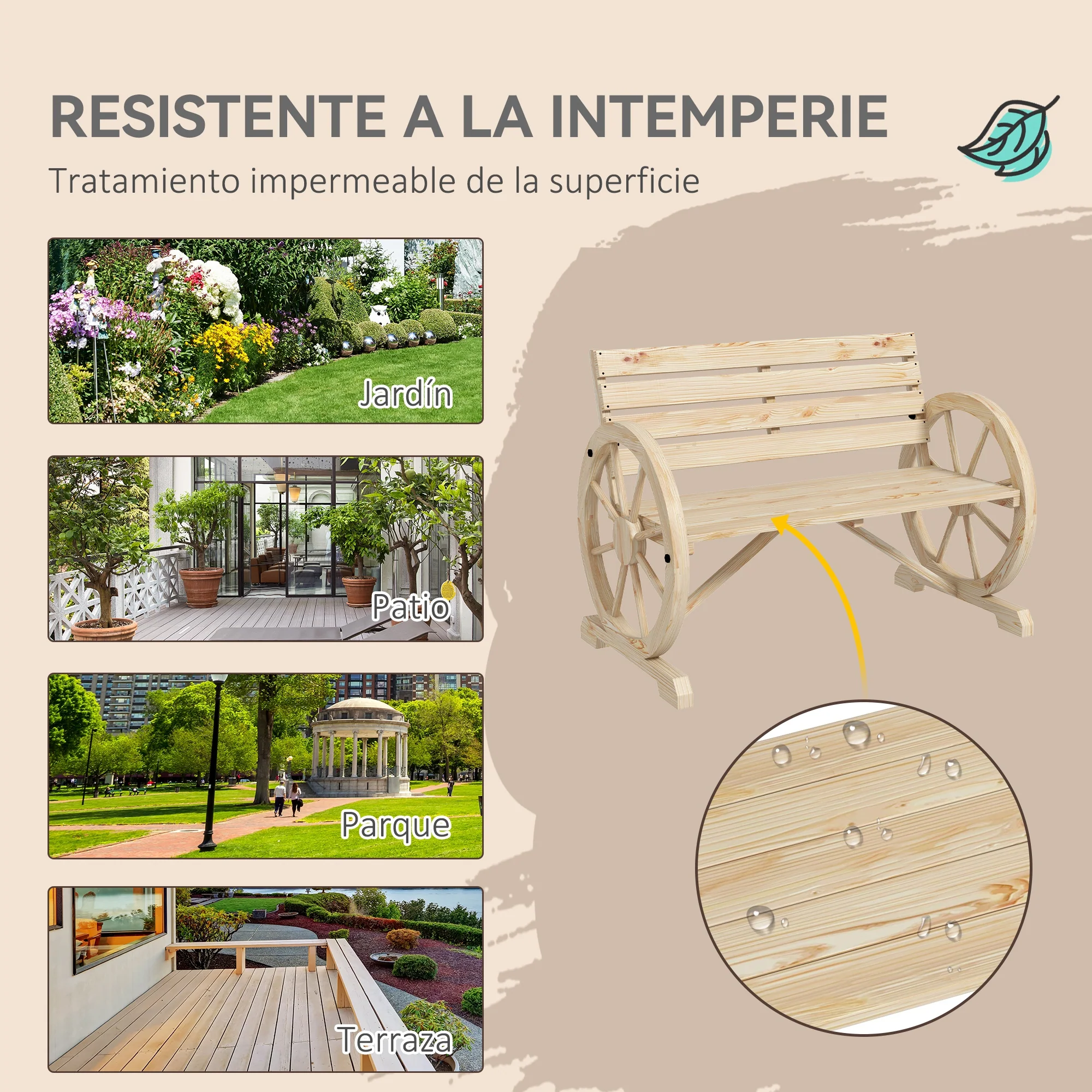 Outsunny Banco De Jardín De Madera Reposabrazos En Forma De Rueda Carga 240 Kg - Image 6