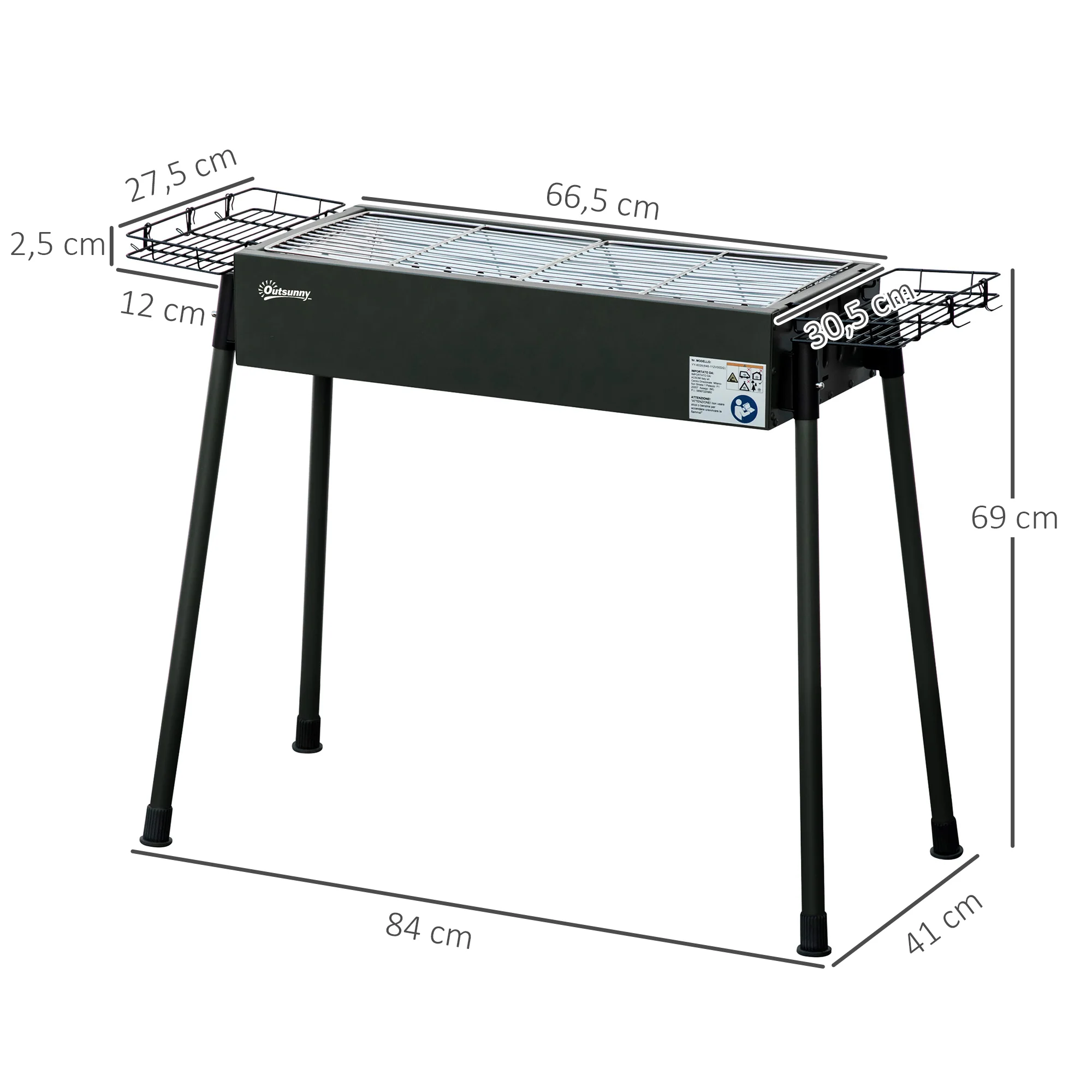 Outsunny Barbacoa De Carbón Con 2 Parrillas De Acero Inoxidable 94x39x70cm Negro - Image 3
