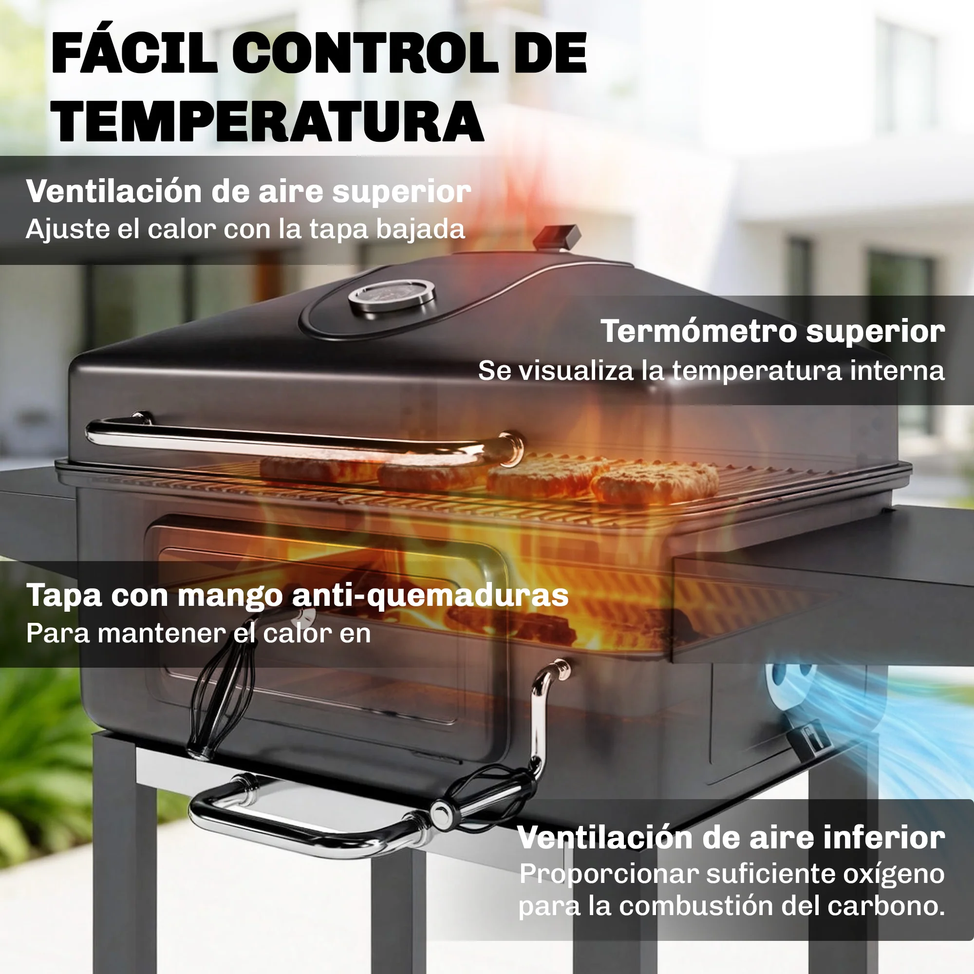 Outsunny Barbacoa De Carbón Con Tapa Bandeja Ajustable Estantes Puerta Ruedas - Image 6