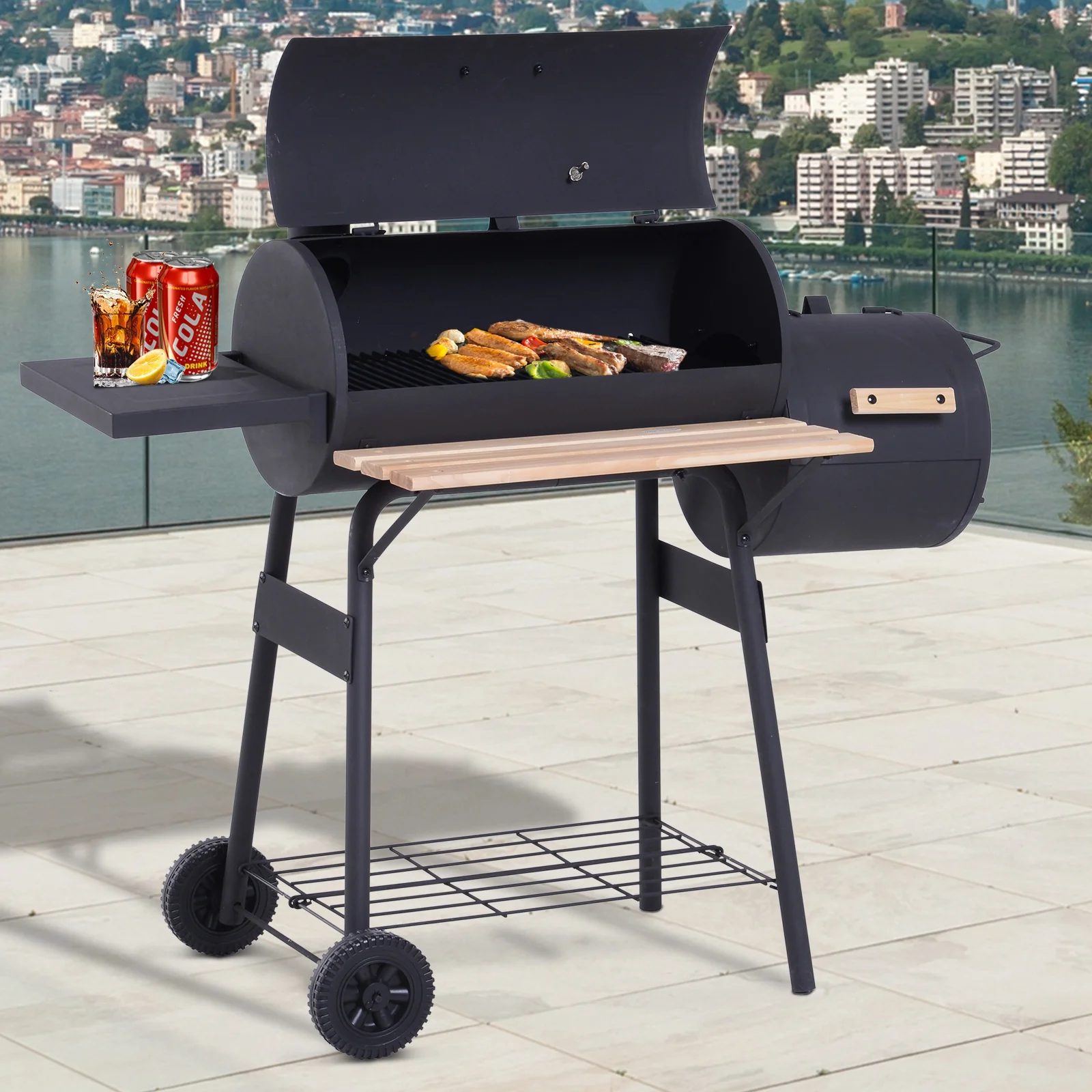 Outsunny Barbacoa De Carbón Con Termómetro Ruedas Estantes Madera 124x53x108cm - Image 2